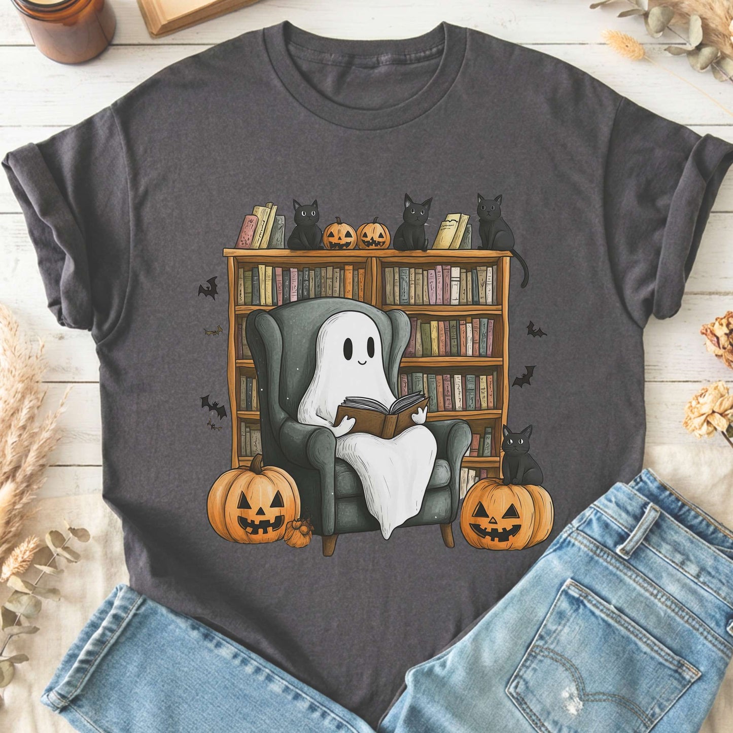 T-Shirts Charcoal / S Happy Reading Ghost with Black Cats T-Shirt The Mystic Eden