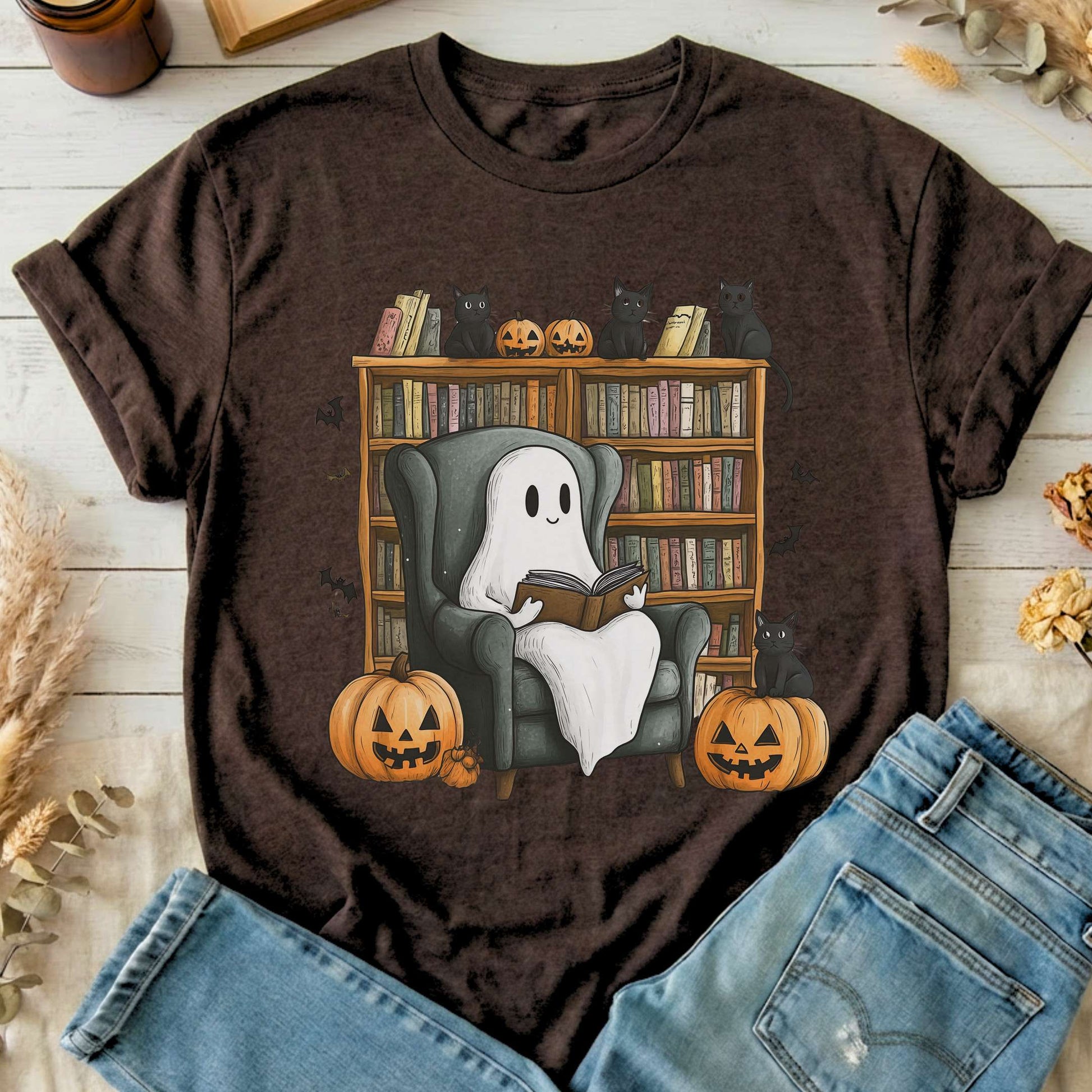 T-Shirts Dark Chocolate / S Happy Reading Ghost with Black Cats T-Shirt The Mystic Eden