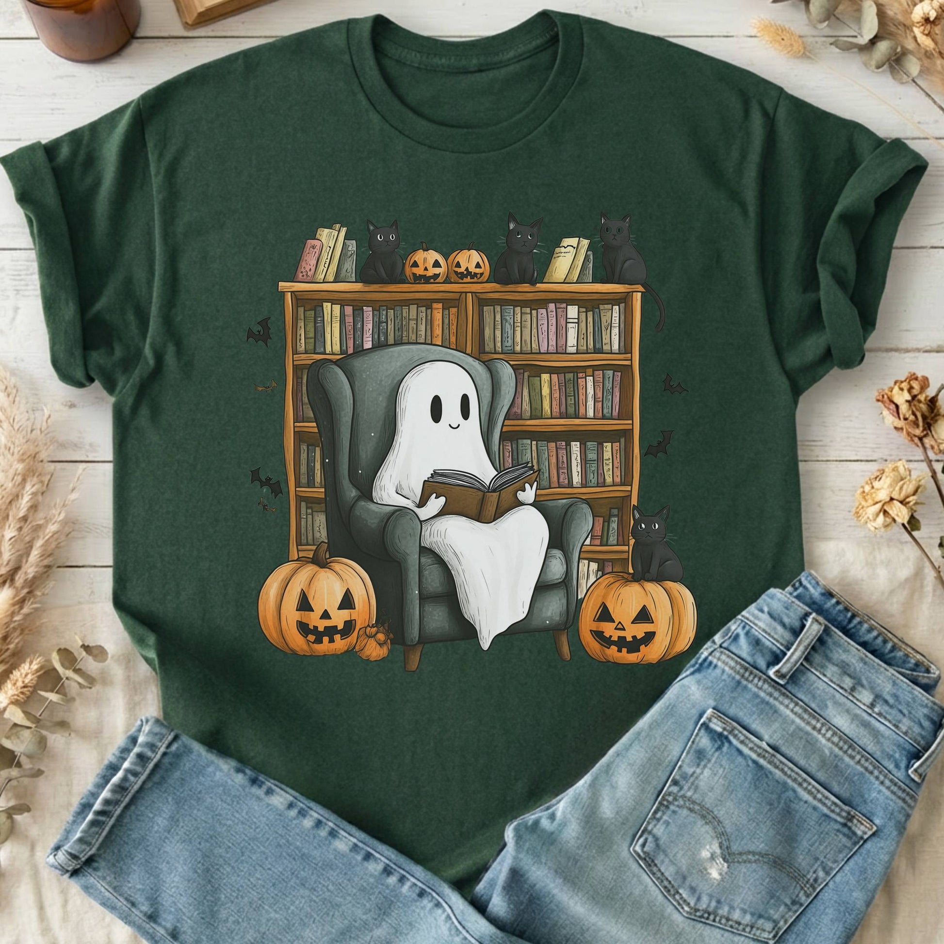 T-Shirts Forest Green / S Happy Reading Ghost with Black Cats T-Shirt The Mystic Eden