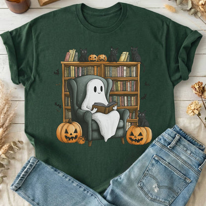T-Shirts Forest Green / S Happy Reading Ghost with Black Cats T-Shirt The Mystic Eden