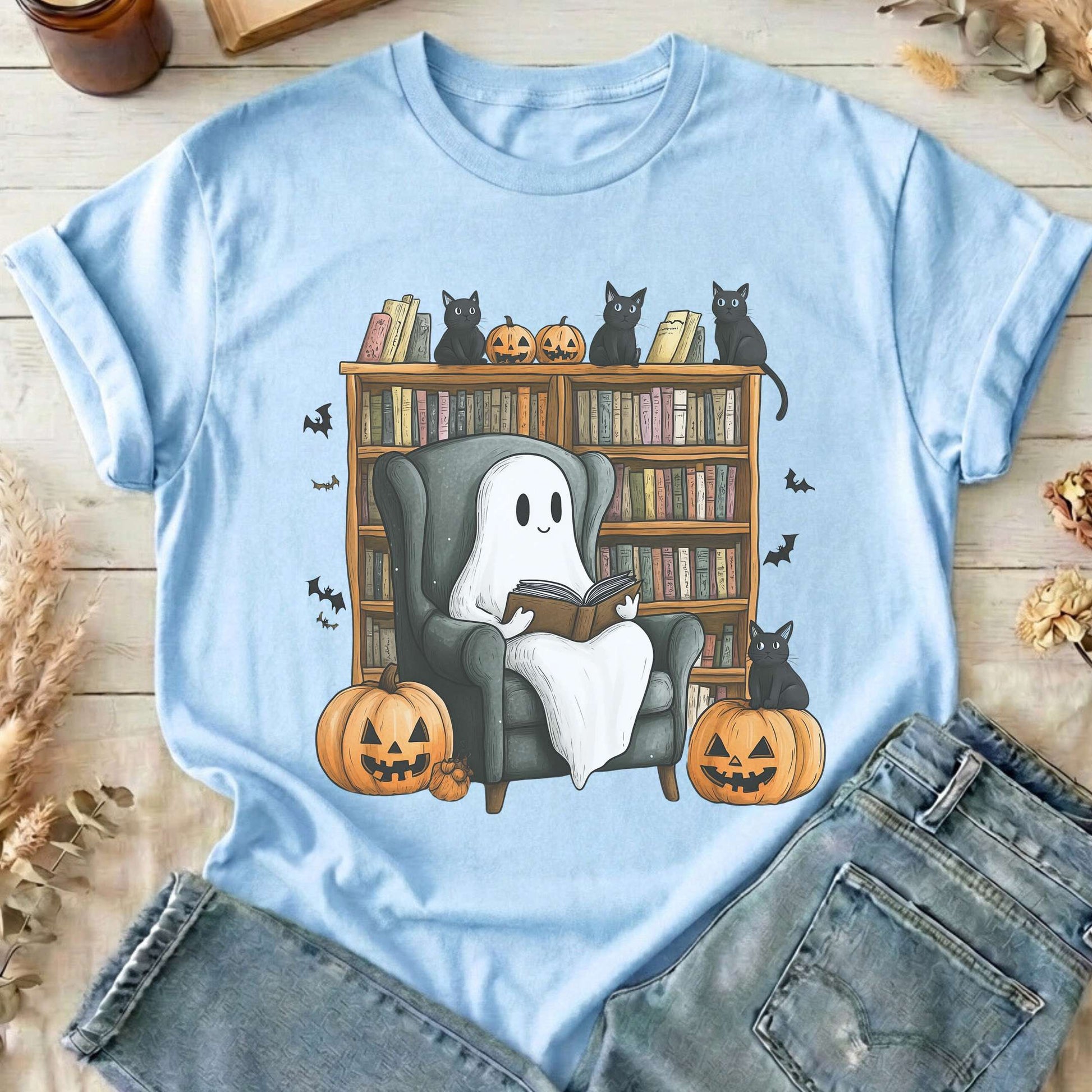 T-Shirts Light Blue / S Happy Reading Ghost with Black Cats T-Shirt The Mystic Eden