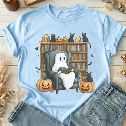 T-Shirts Light Blue / S Happy Reading Ghost with Black Cats T-Shirt The Mystic Eden