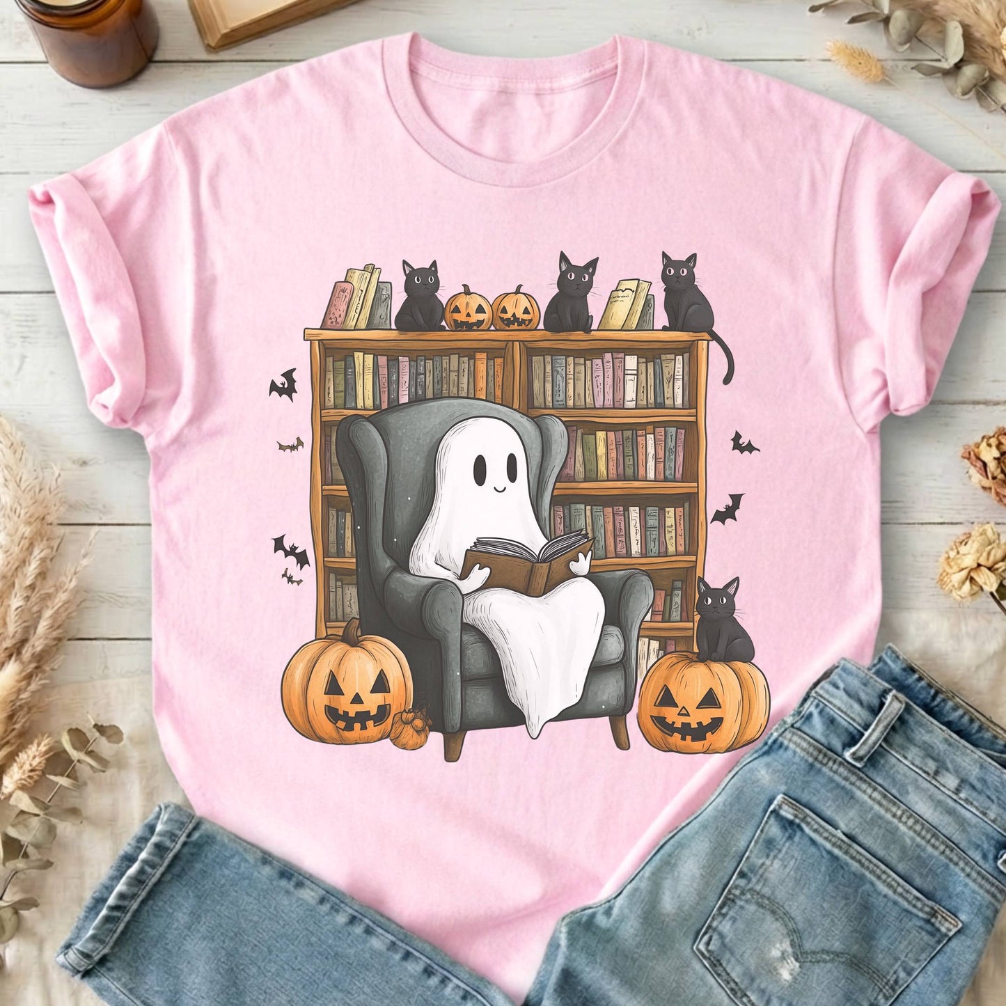 T-Shirts Light Pink / S Happy Reading Ghost with Black Cats T-Shirt The Mystic Eden