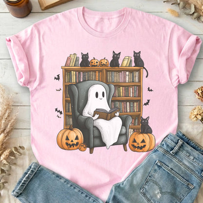 T-Shirts Light Pink / S Happy Reading Ghost with Black Cats T-Shirt The Mystic Eden