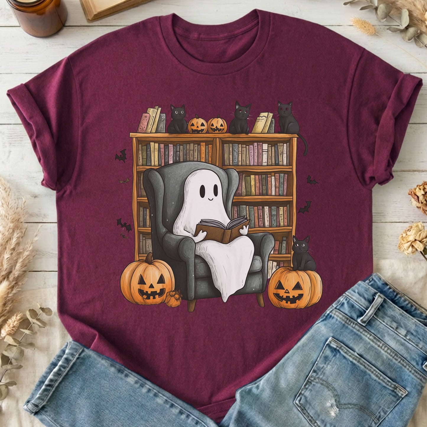T-Shirts Maroon / S Happy Reading Ghost with Black Cats T-Shirt The Mystic Eden