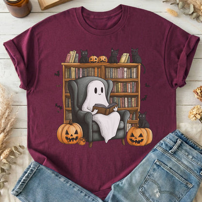 T-Shirts Maroon / S Happy Reading Ghost with Black Cats T-Shirt The Mystic Eden