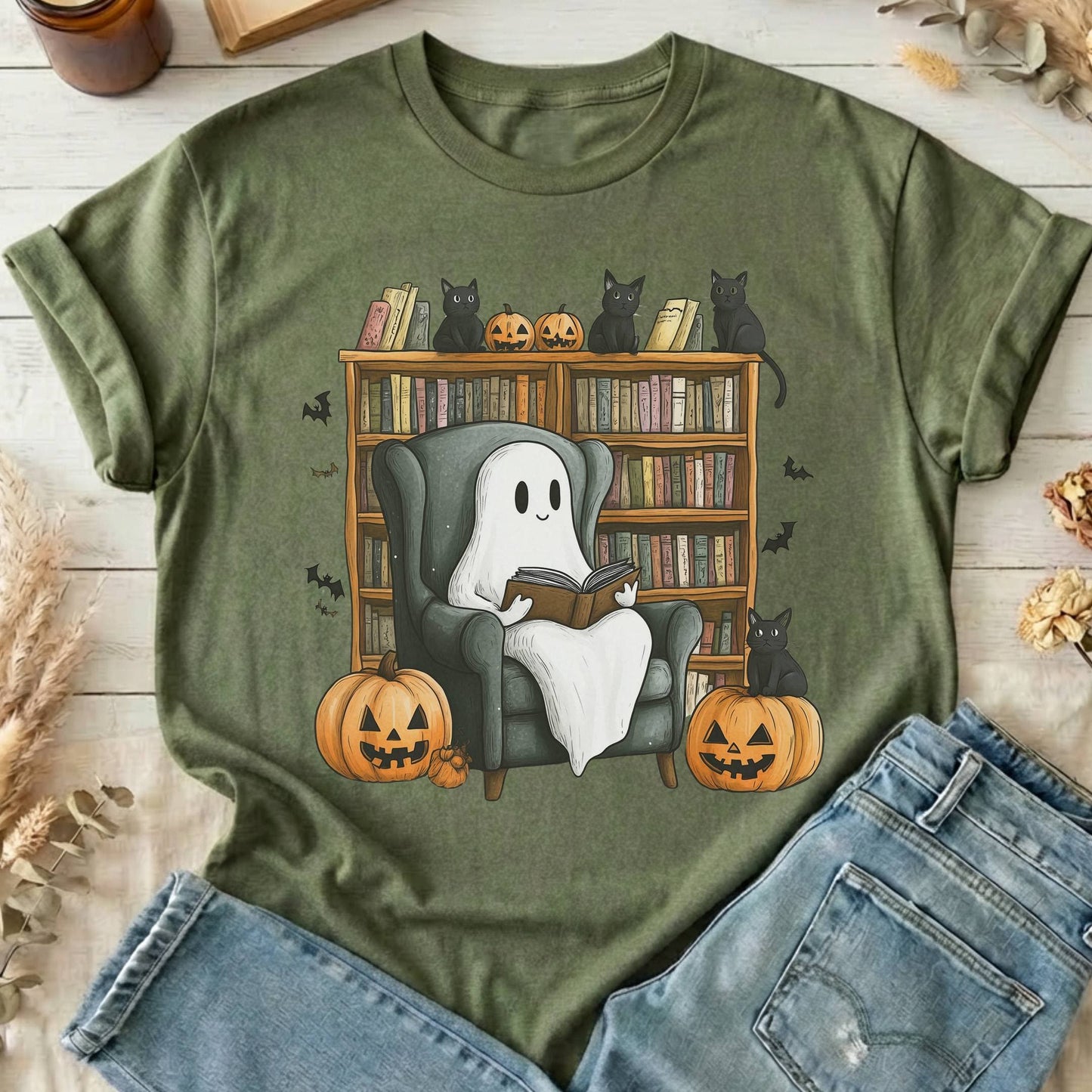 T-Shirts Military Green / S Happy Reading Ghost with Black Cats T-Shirt The Mystic Eden