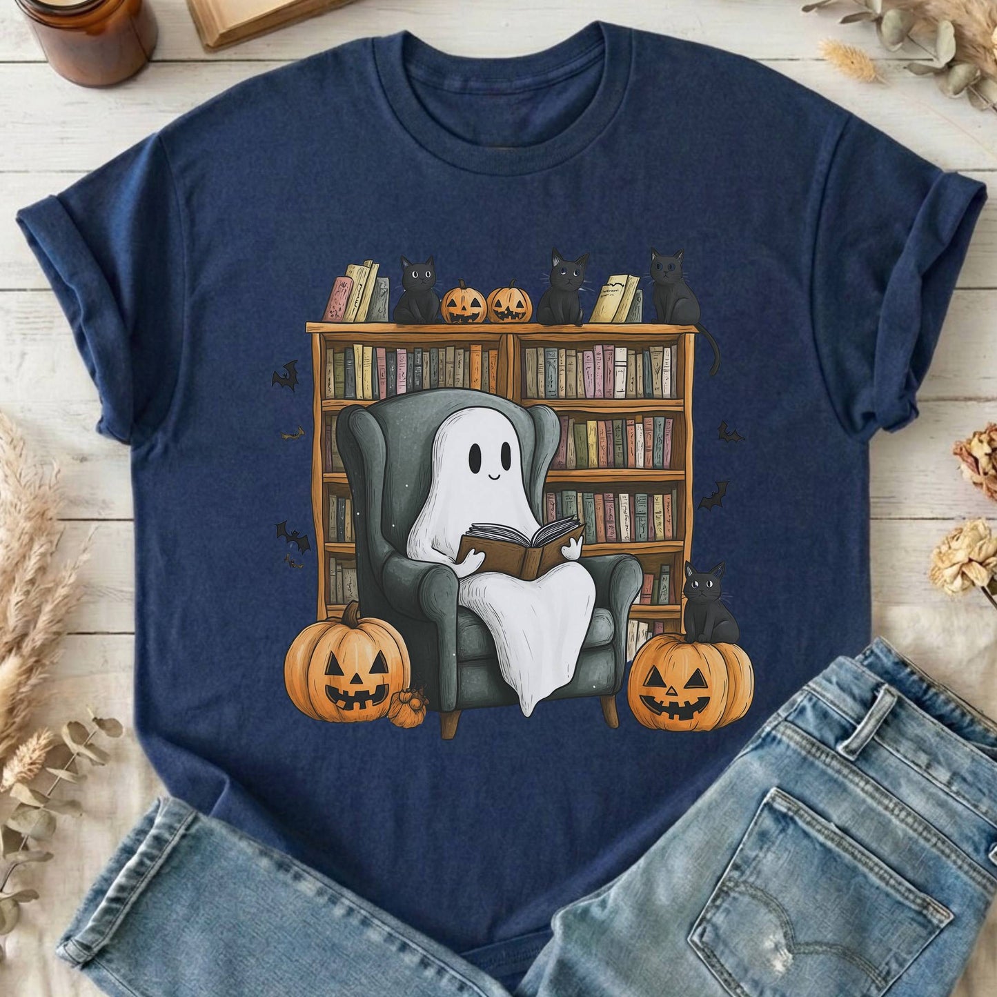 T-Shirts Navy / S Happy Reading Ghost with Black Cats T-Shirt The Mystic Eden