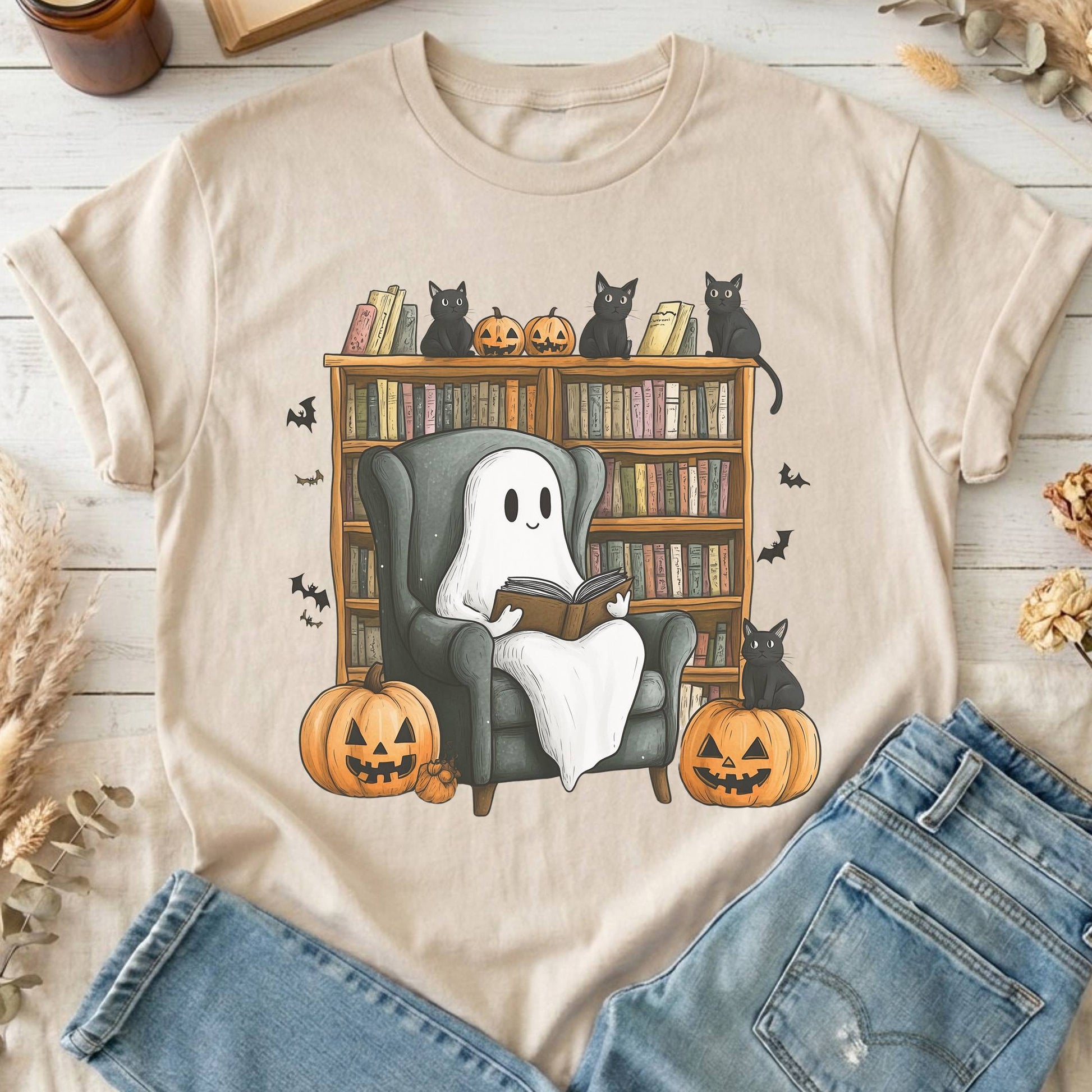 T-Shirts Sand / S Happy Reading Ghost with Black Cats T-Shirt The Mystic Eden
