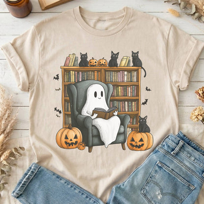 T-Shirts Sand / S Happy Reading Ghost with Black Cats T-Shirt The Mystic Eden