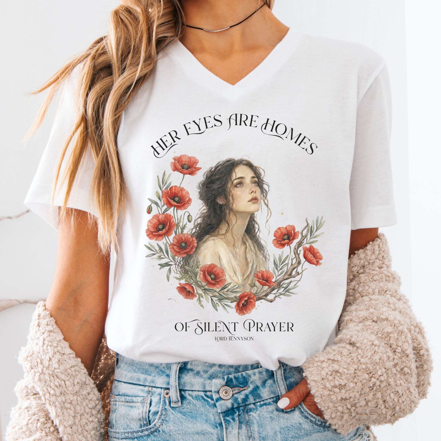 V-neck White / S Her Eyes Are Homes of Silent Prayer Lord Tennyson V-Neck The Mystic Eden