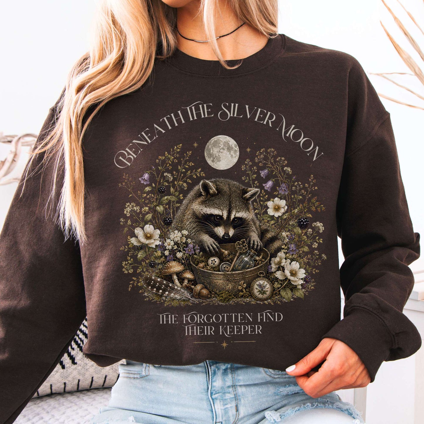 Sweatshirt Dark Chocolate / S Beneath the Silver Moon Raccoon Crewneck Sweatshirt The Mystic Eden