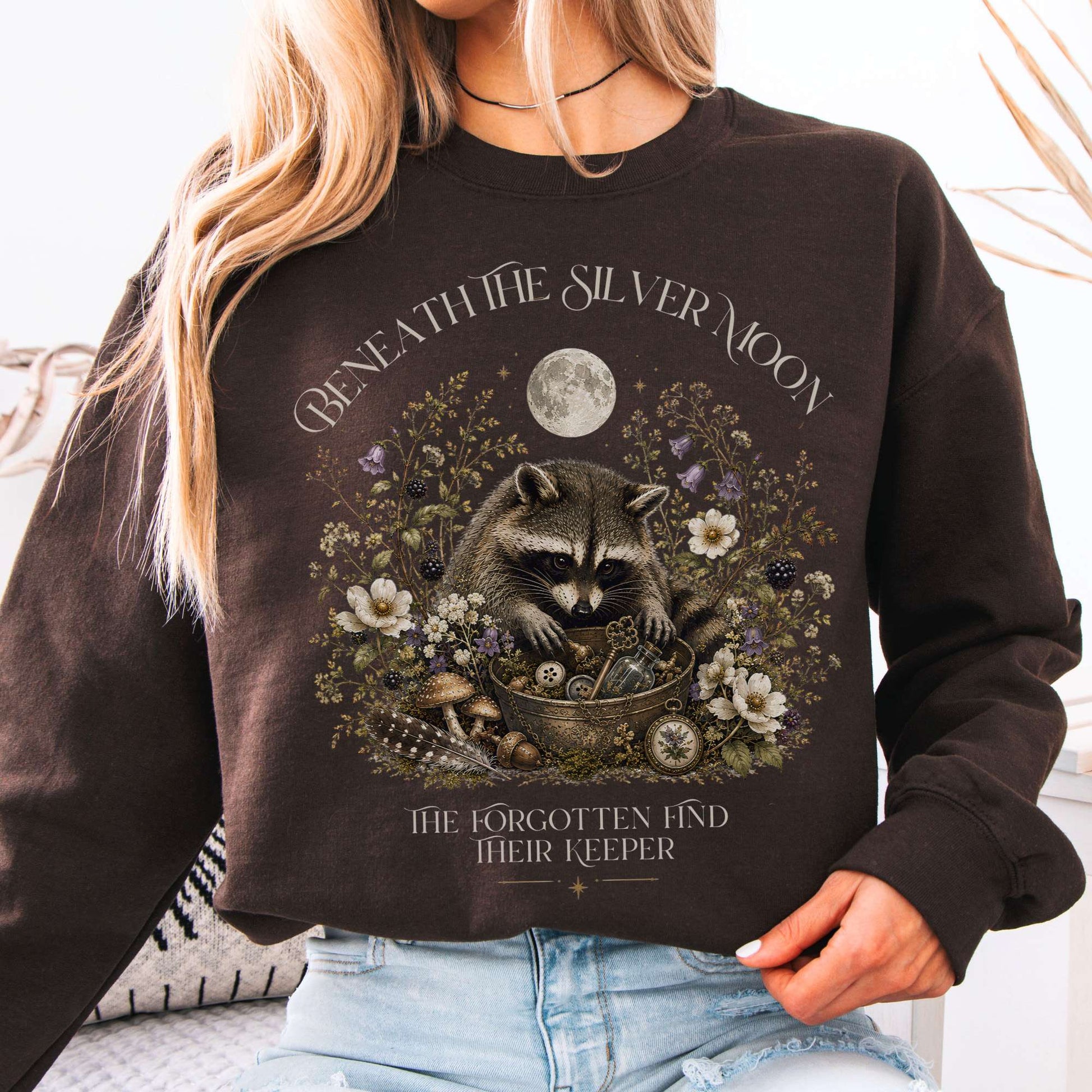 Sweatshirt Dark Chocolate / S Beneath the Silver Moon Raccoon Crewneck Sweatshirt The Mystic Eden