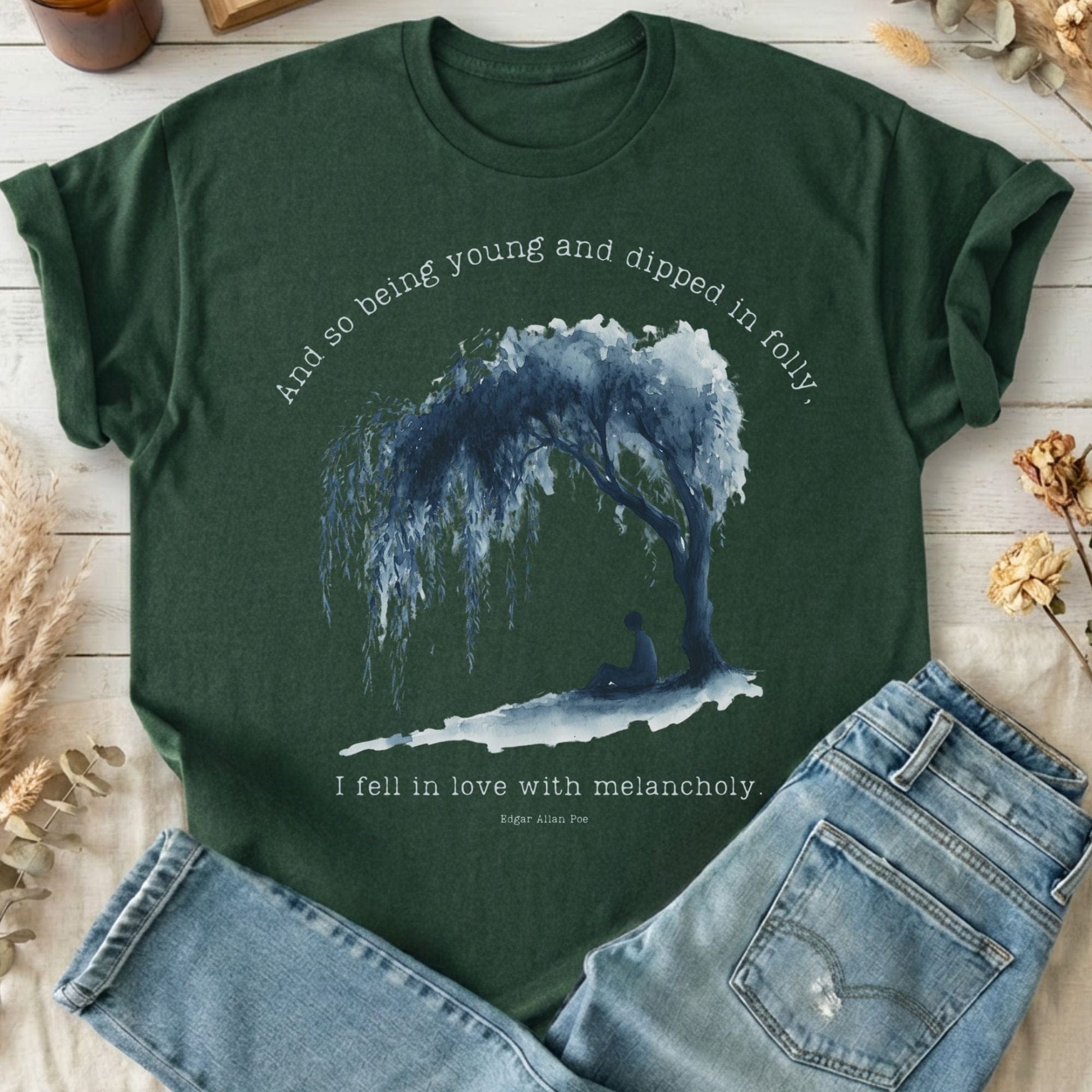 T-Shirt Forest Green / S And So Being Young Edgar Allan Poe T-Shirt The Mystic Eden