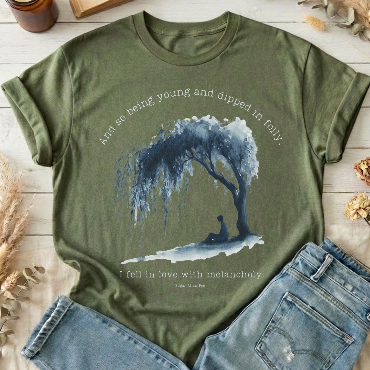 T-Shirt Military Green / S And So Being Young Edgar Allan Poe T-Shirt The Mystic Eden