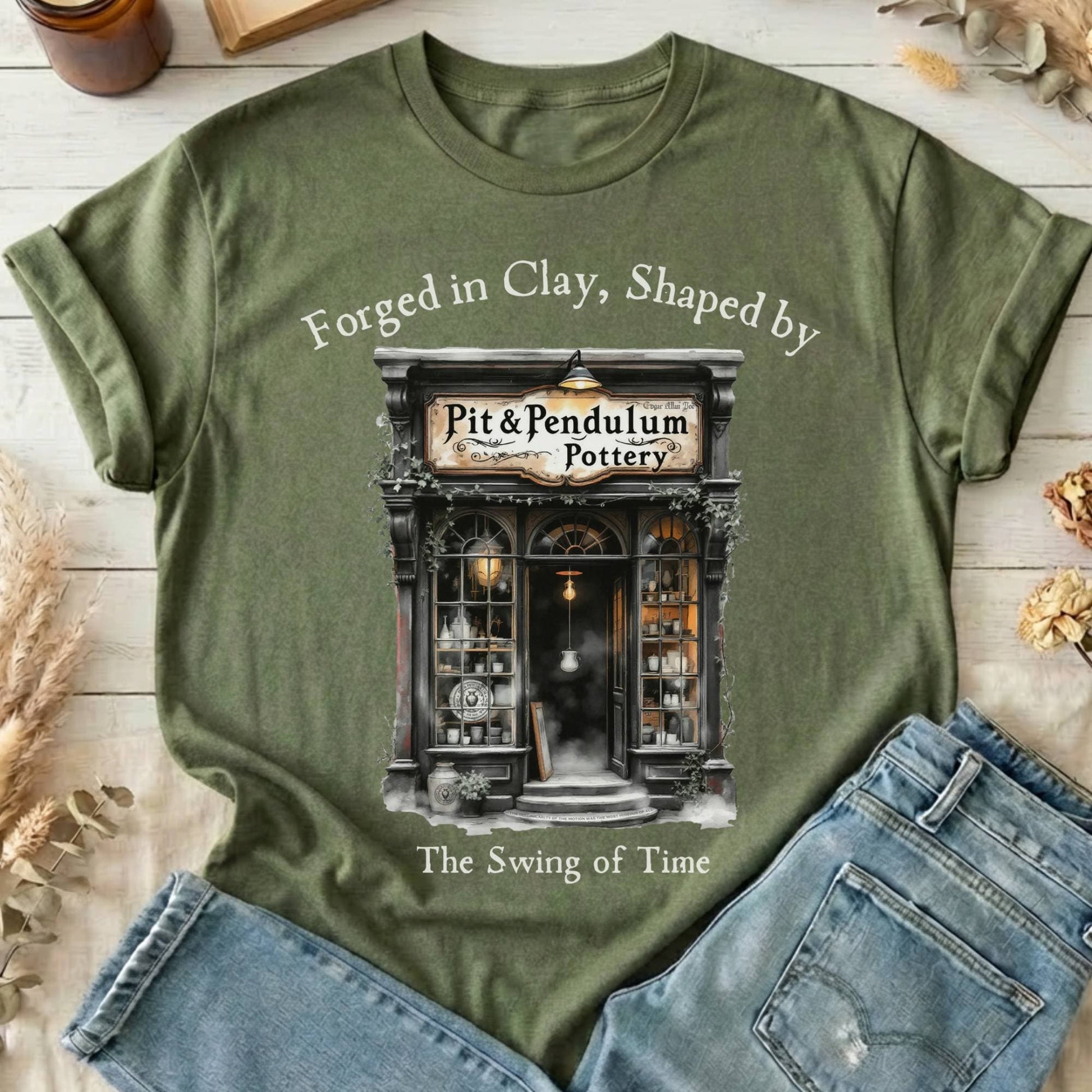 T-Shirt Military Green / S Pit & Pendulum Pottery Poe T-Shirt The Mystic Eden