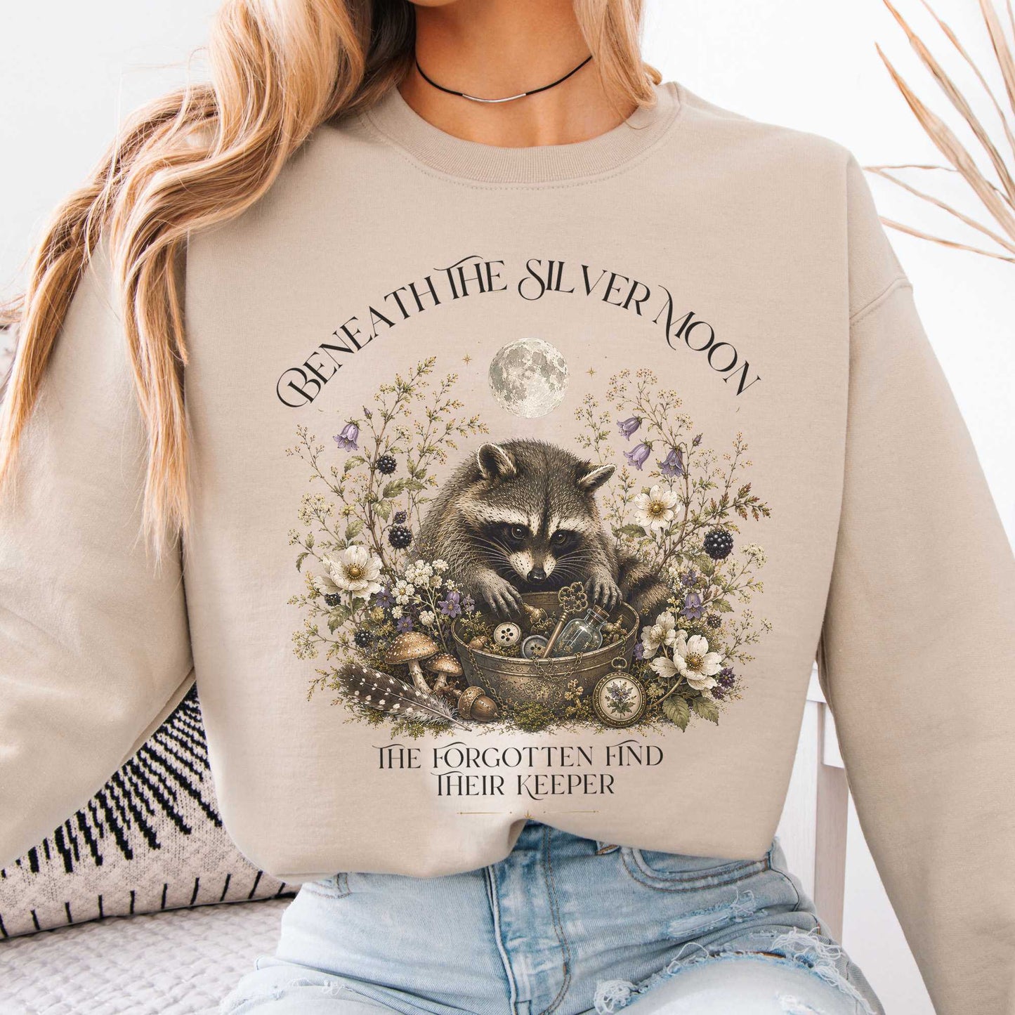 Sweatshirt Sand / S Beneath the Silver Moon Raccoon Crewneck Sweatshirt The Mystic Eden