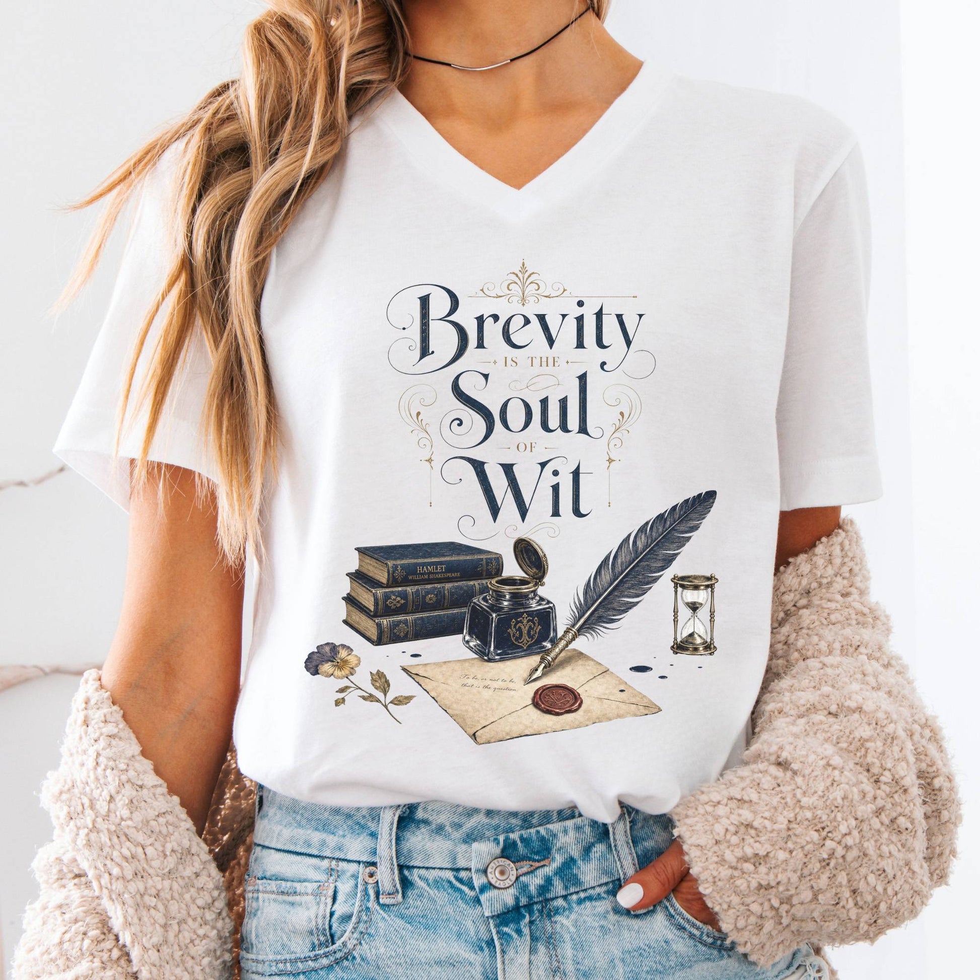 V-neck White / S Brevity Is the Soul of Wit Shakespeare Literary V-Neck The Mystic Eden