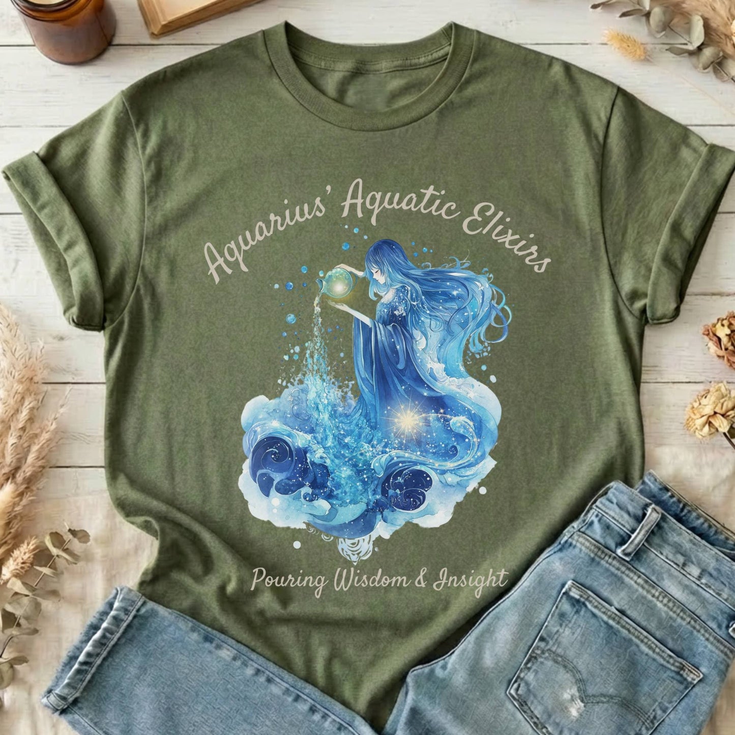 T-Shirt Military Green / S Aquarius Aquatic Elixirs Zodiac T-Shirt The Mystic Eden