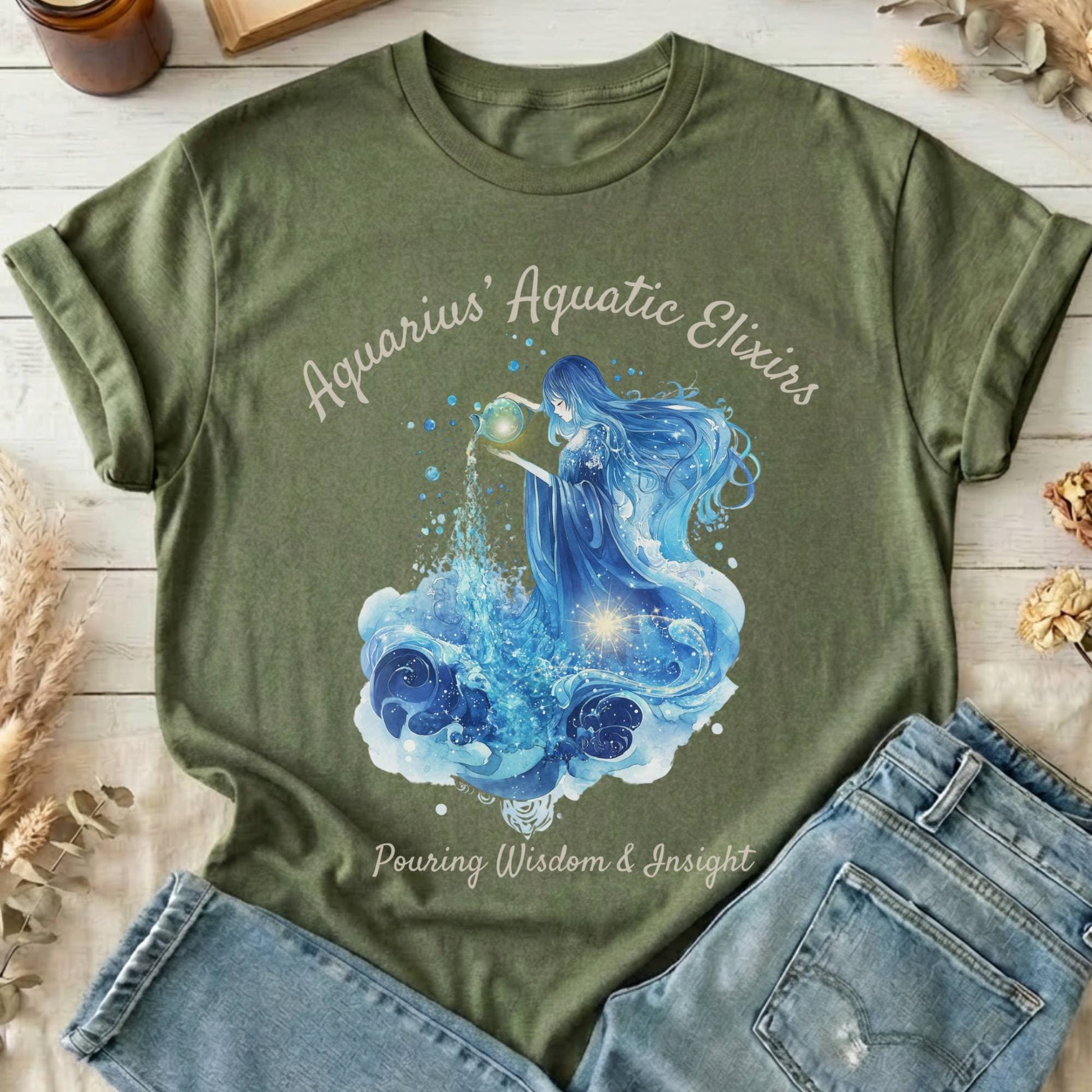 T-Shirt Military Green / S Aquarius Aquatic Elixirs Zodiac T-Shirt The Mystic Eden