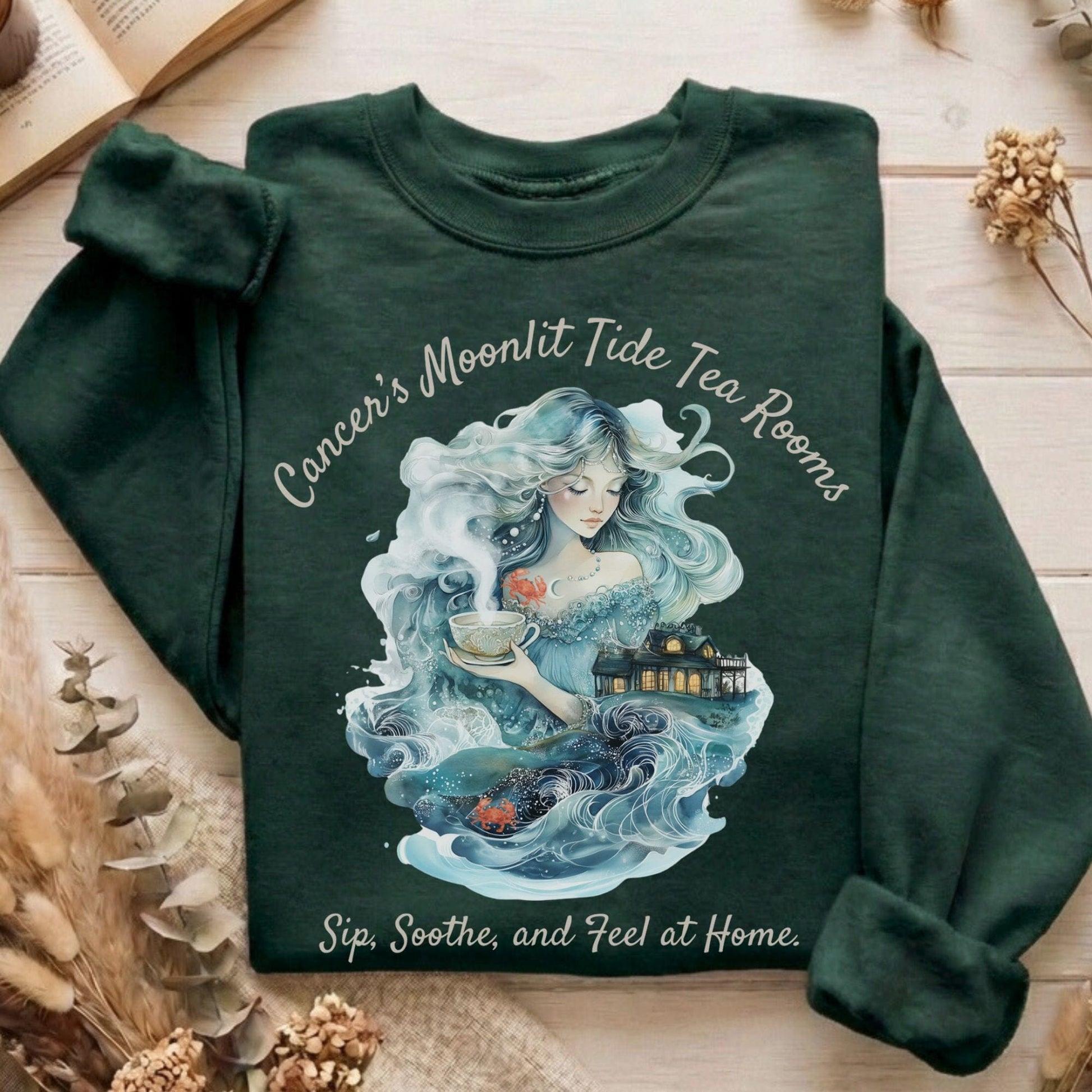 Sweatshirt Forest Green / S Cancer's Moonlit Tide Tea Rooms Zodiac Sweatshirt The Mystic Eden