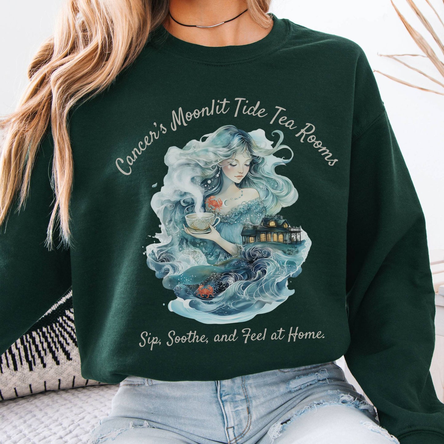 Sweatshirt Cancer's Moonlit Tide Tea Rooms Zodiac Sweatshirt The Mystic Eden