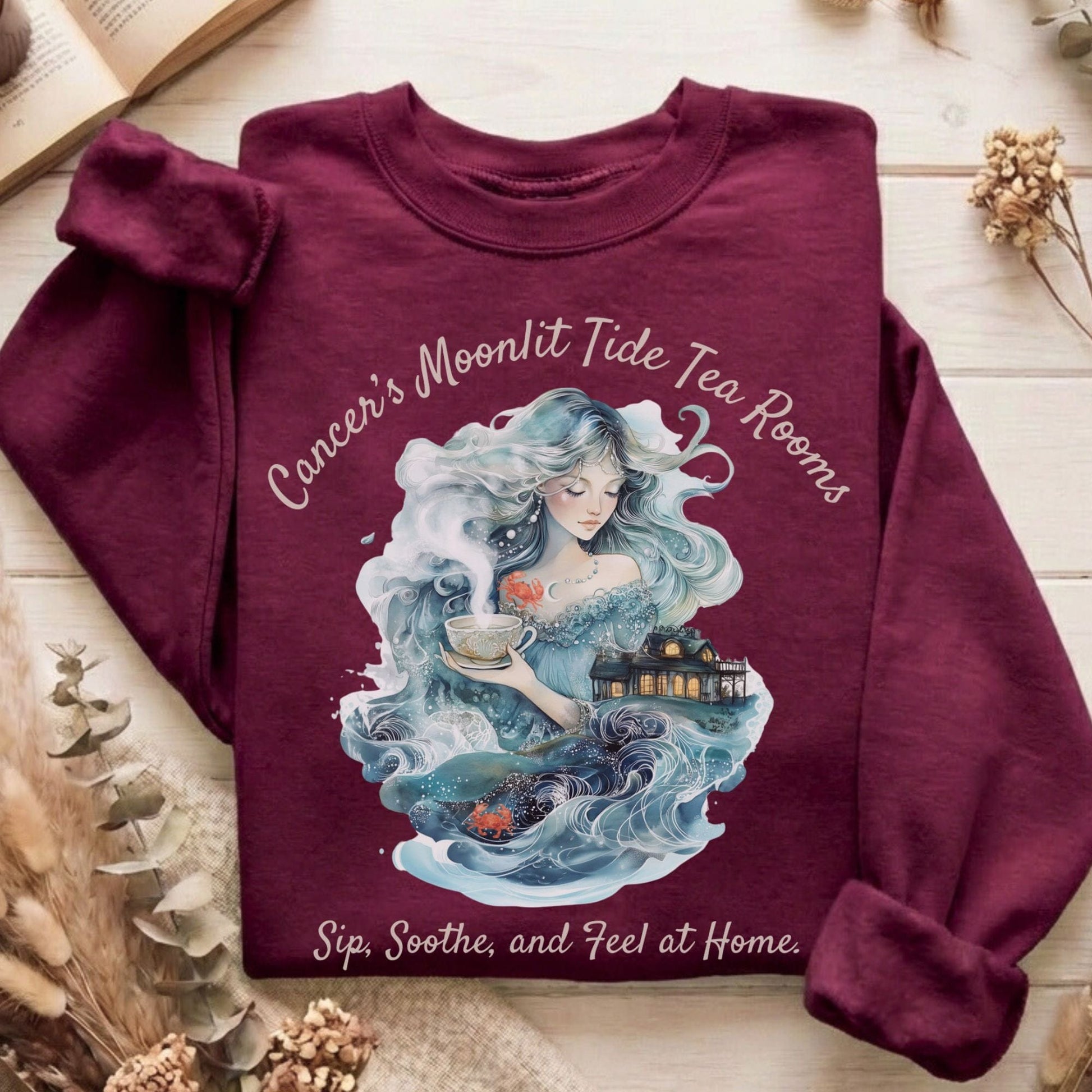 Sweatshirt Maroon / S Cancer's Moonlit Tide Tea Rooms Zodiac Sweatshirt The Mystic Eden