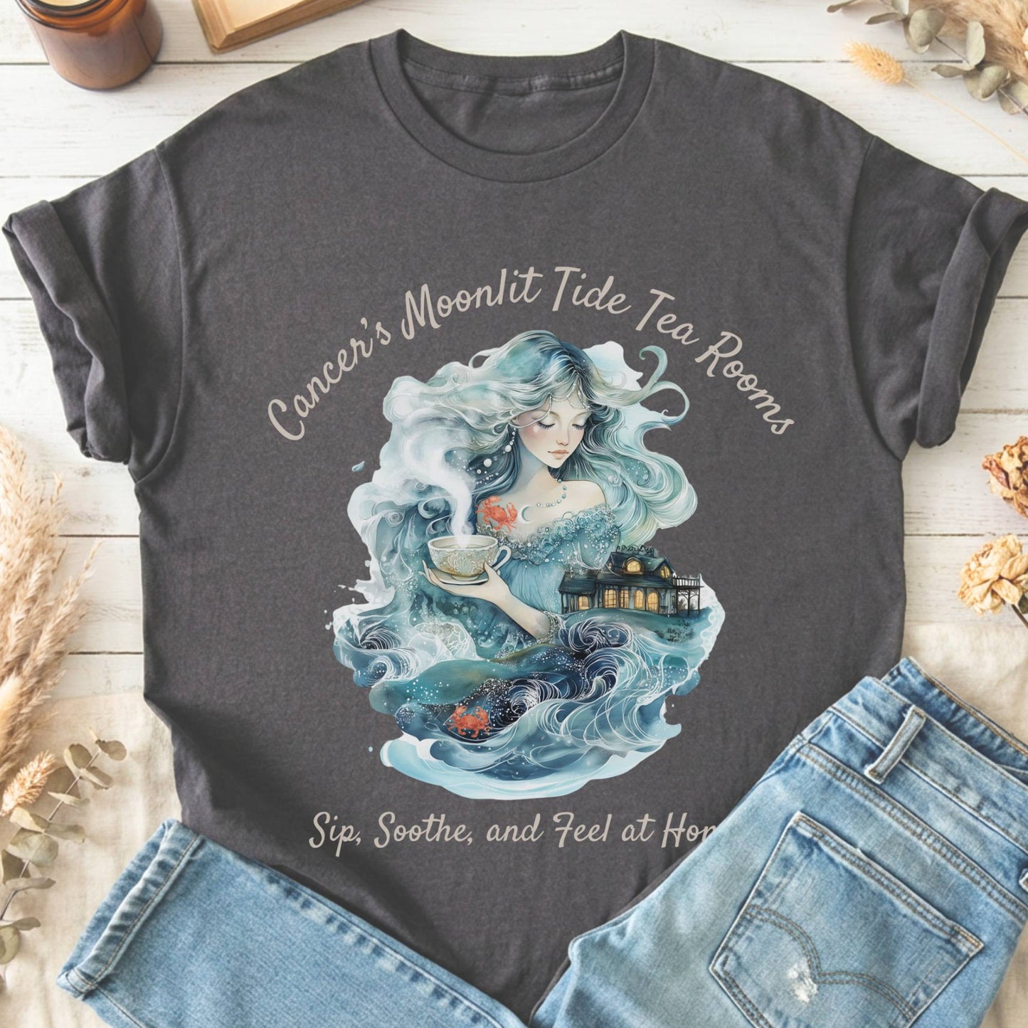 T-Shirt Charcoal / S Cancer's Moonlit Tide Tea Rooms Zodiac T-Shirt The Mystic Eden