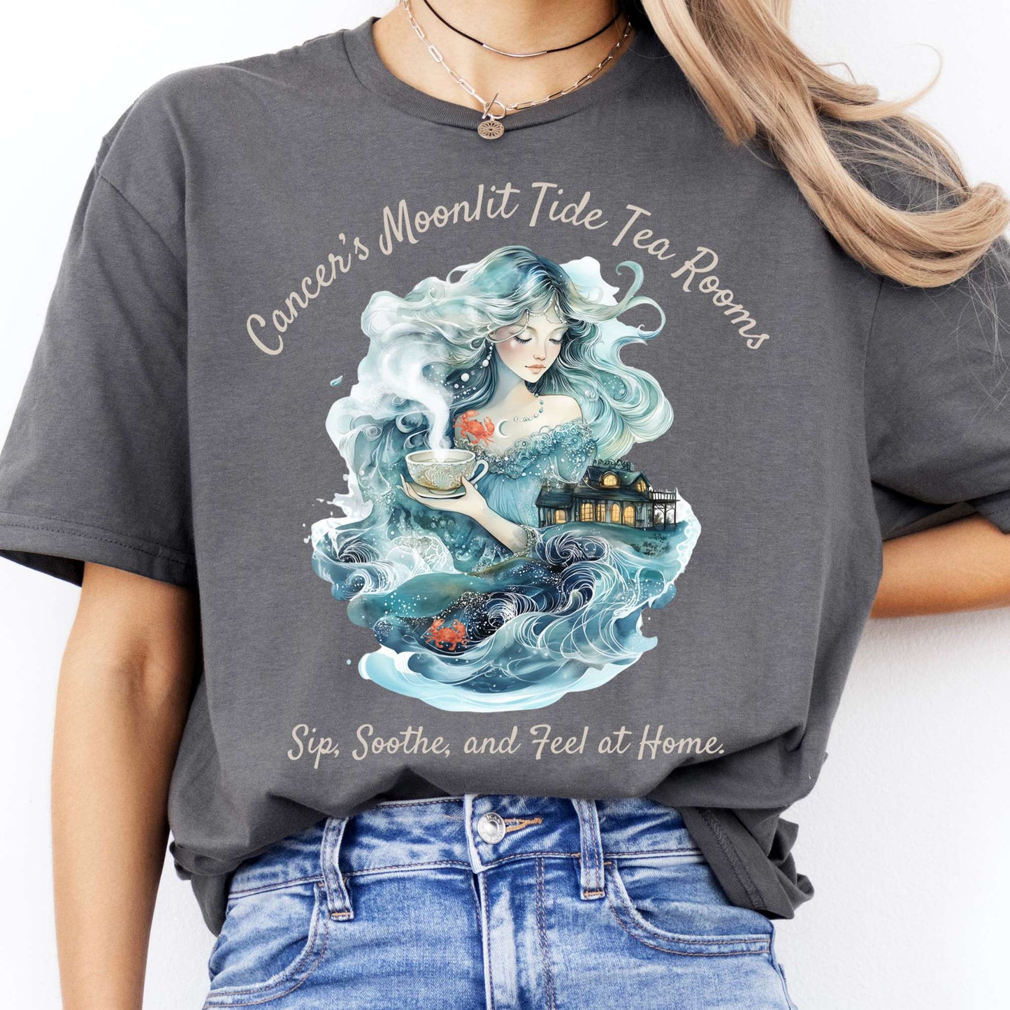 T-Shirt Cancer's Moonlit Tide Tea Rooms Zodiac T-Shirt The Mystic Eden