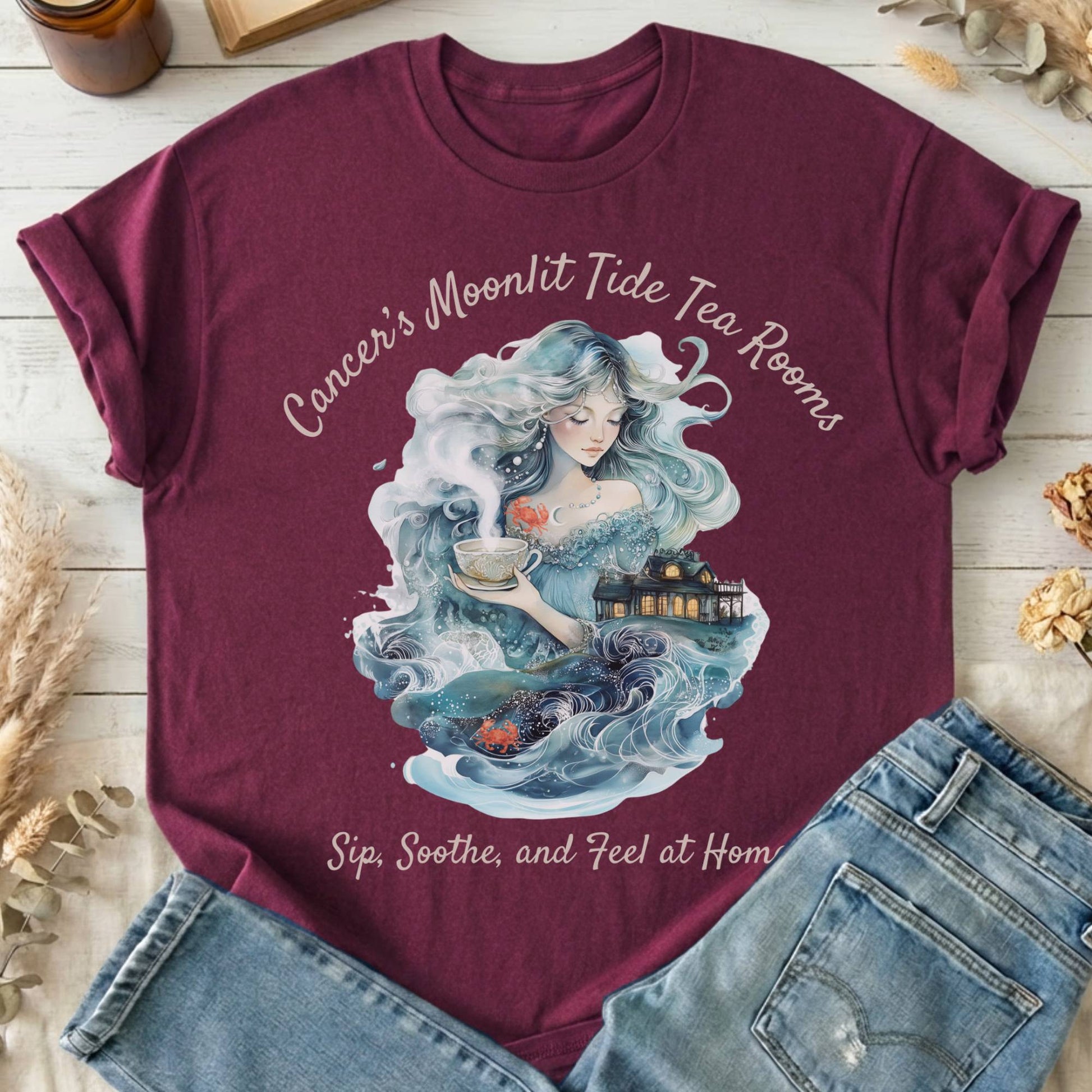T-Shirt Maroon / S Cancer's Moonlit Tide Tea Rooms Zodiac T-Shirt The Mystic Eden