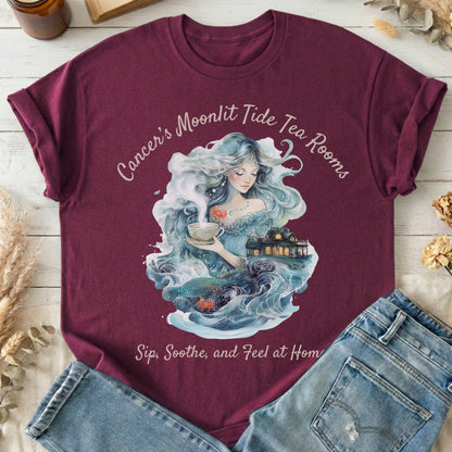 T-Shirt Maroon / S Cancer's Moonlit Tide Tea Rooms Zodiac T-Shirt The Mystic Eden