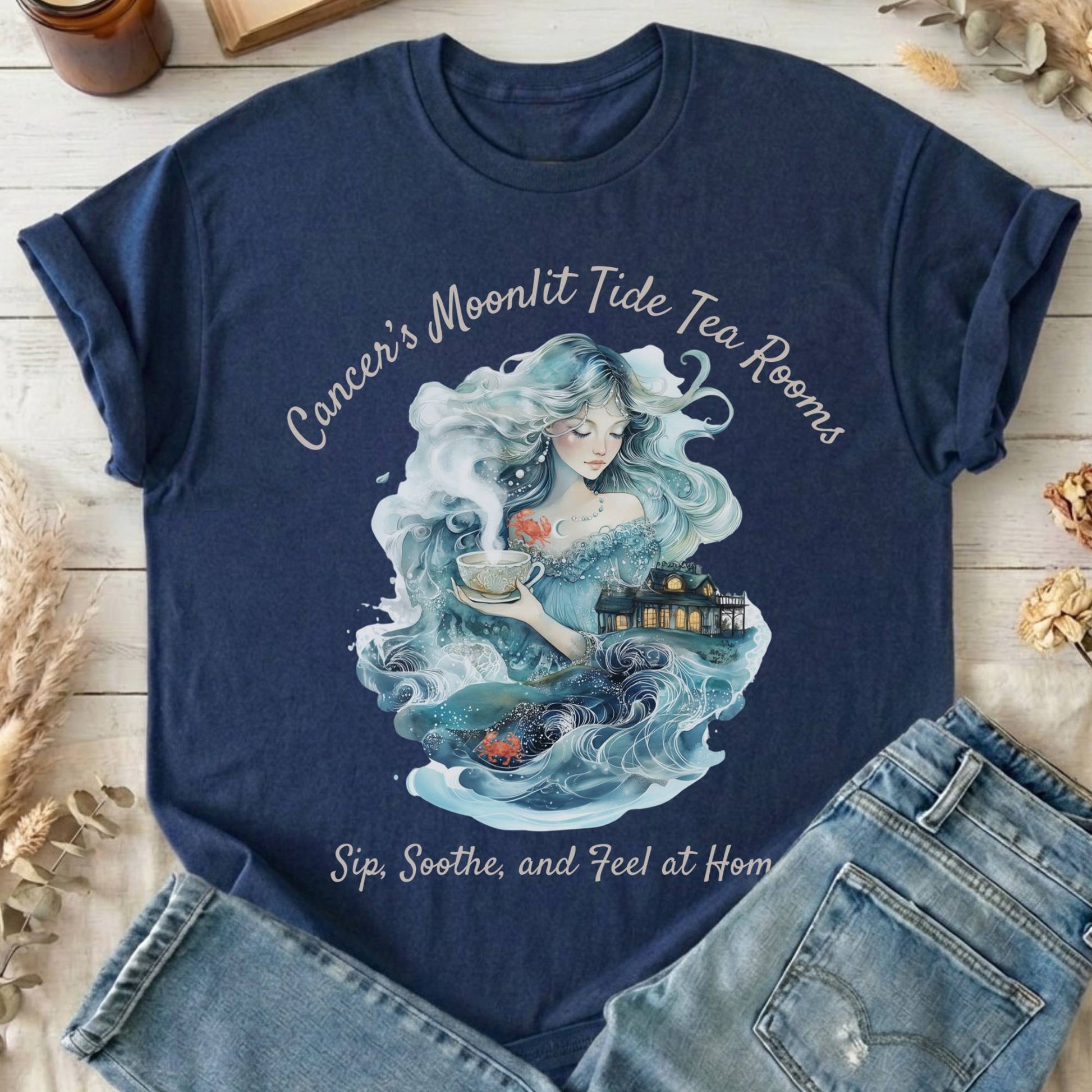 T-Shirt Navy / S Cancer's Moonlit Tide Tea Rooms Zodiac T-Shirt The Mystic Eden