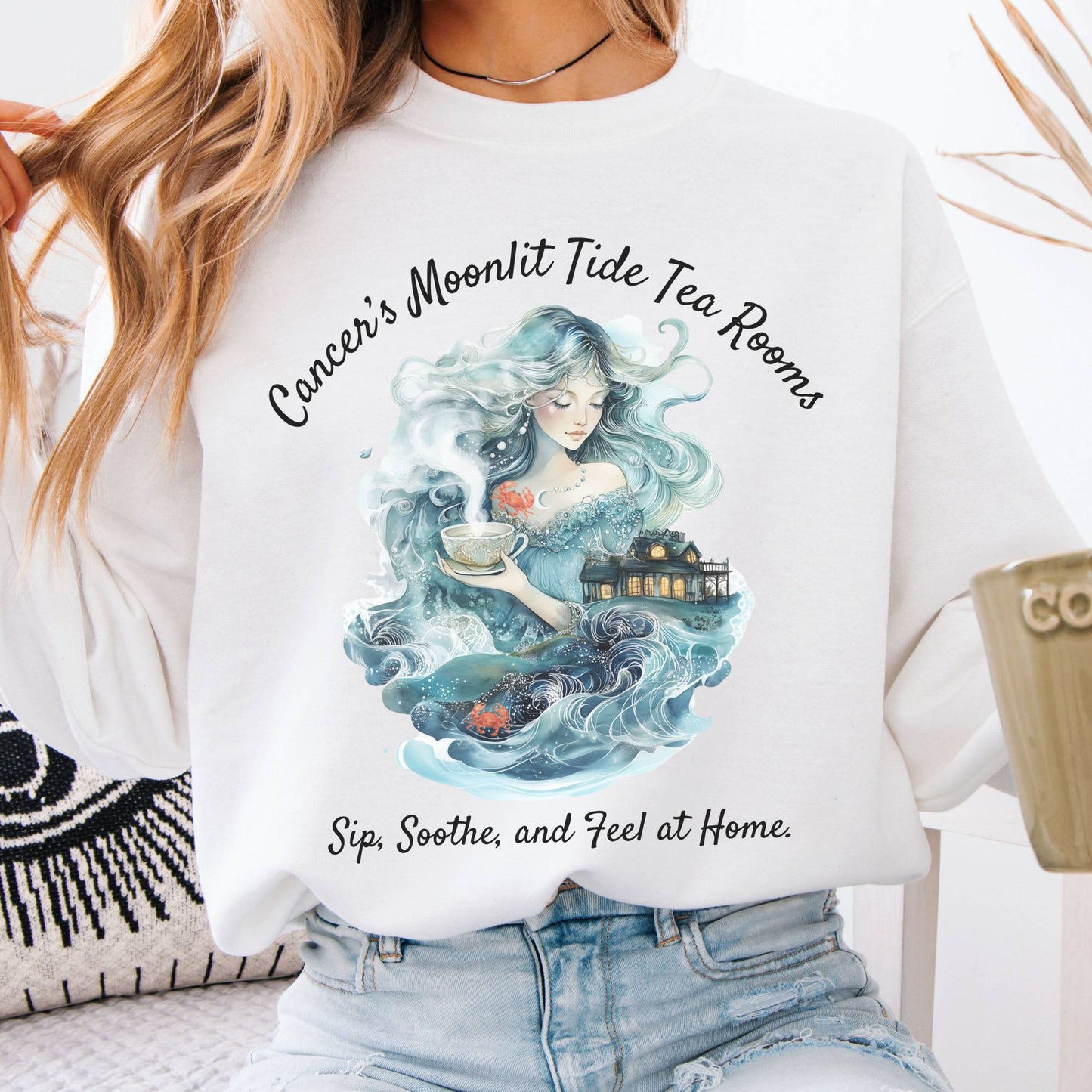 Sweatshirt Cancer's Moonlit Tide Tea Rooms Zodiac Sweatshirt The Mystic Eden