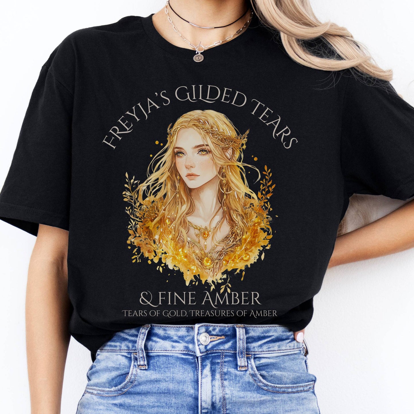T-Shirts Freyja's Gilded Tears & Fine Amber Goddess T-Shirt The Mystic Eden