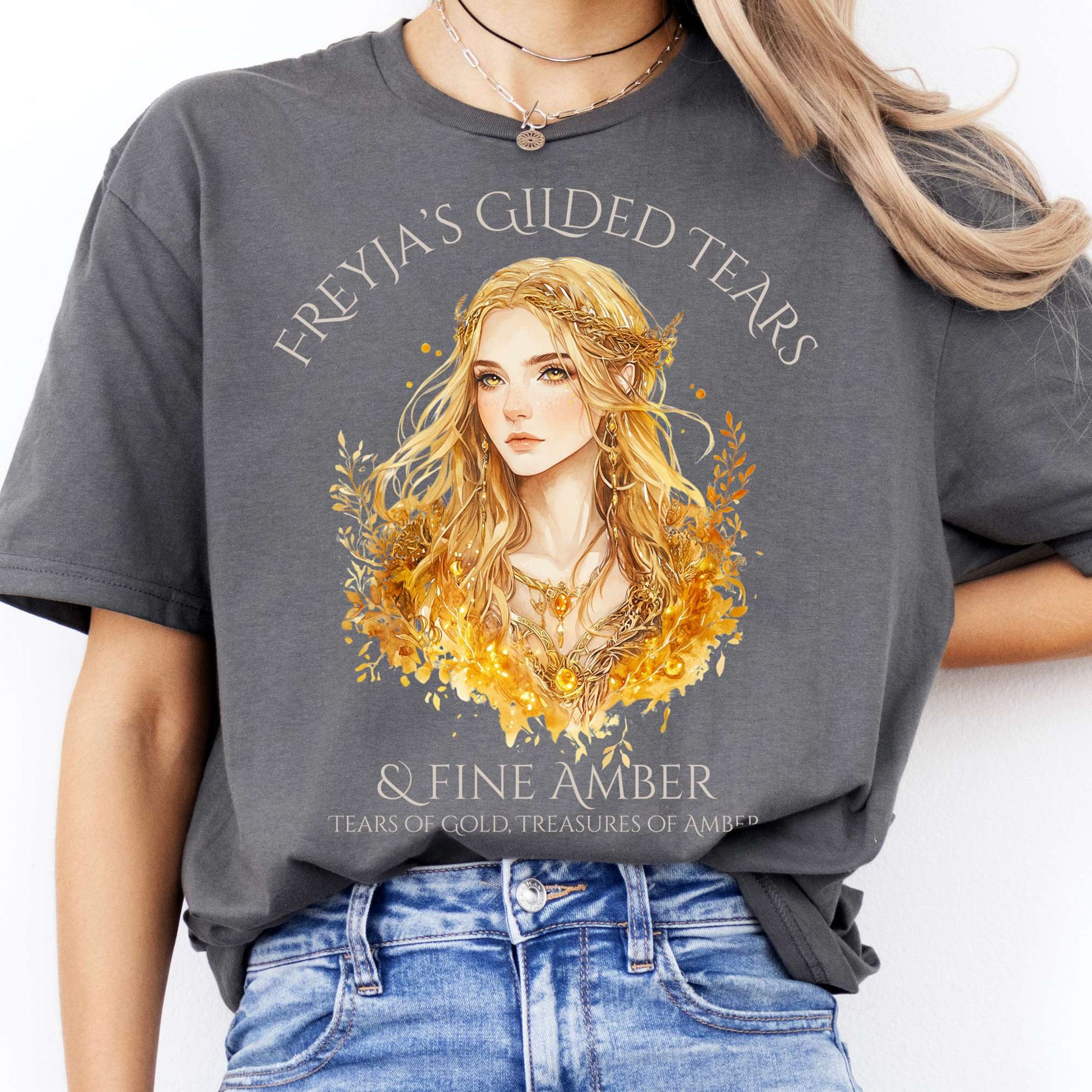 T-Shirts Freyja's Gilded Tears & Fine Amber Goddess T-Shirt The Mystic Eden