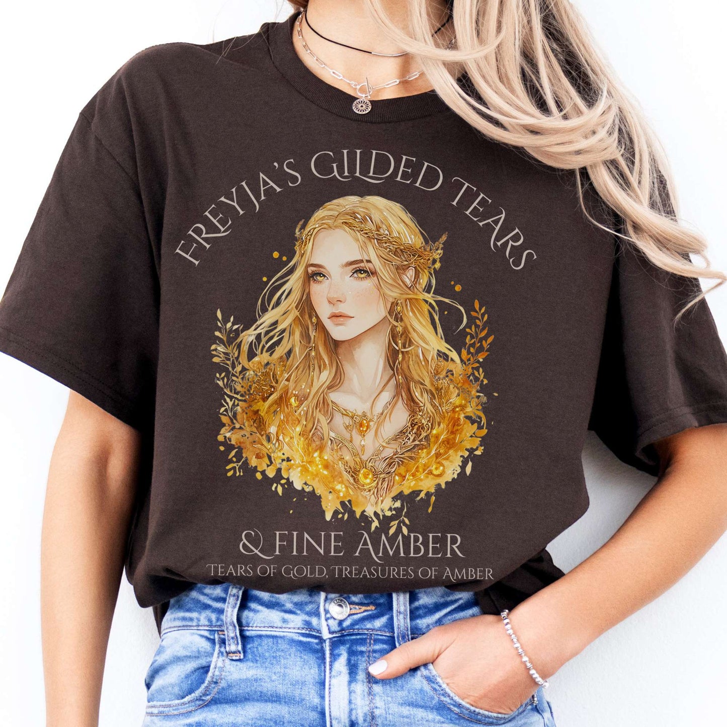 T-Shirts Freyja's Gilded Tears & Fine Amber Goddess T-Shirt The Mystic Eden