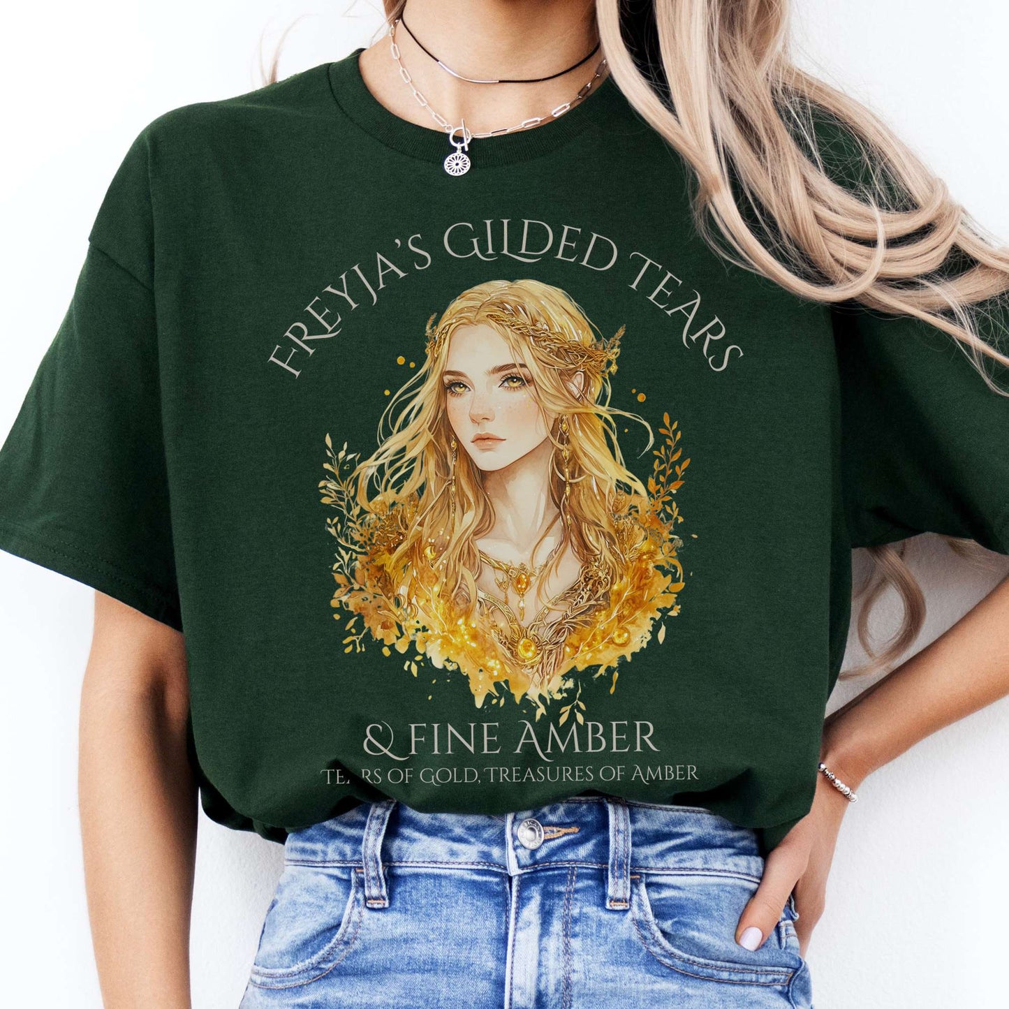 T-Shirts Freyja's Gilded Tears & Fine Amber Goddess T-Shirt The Mystic Eden