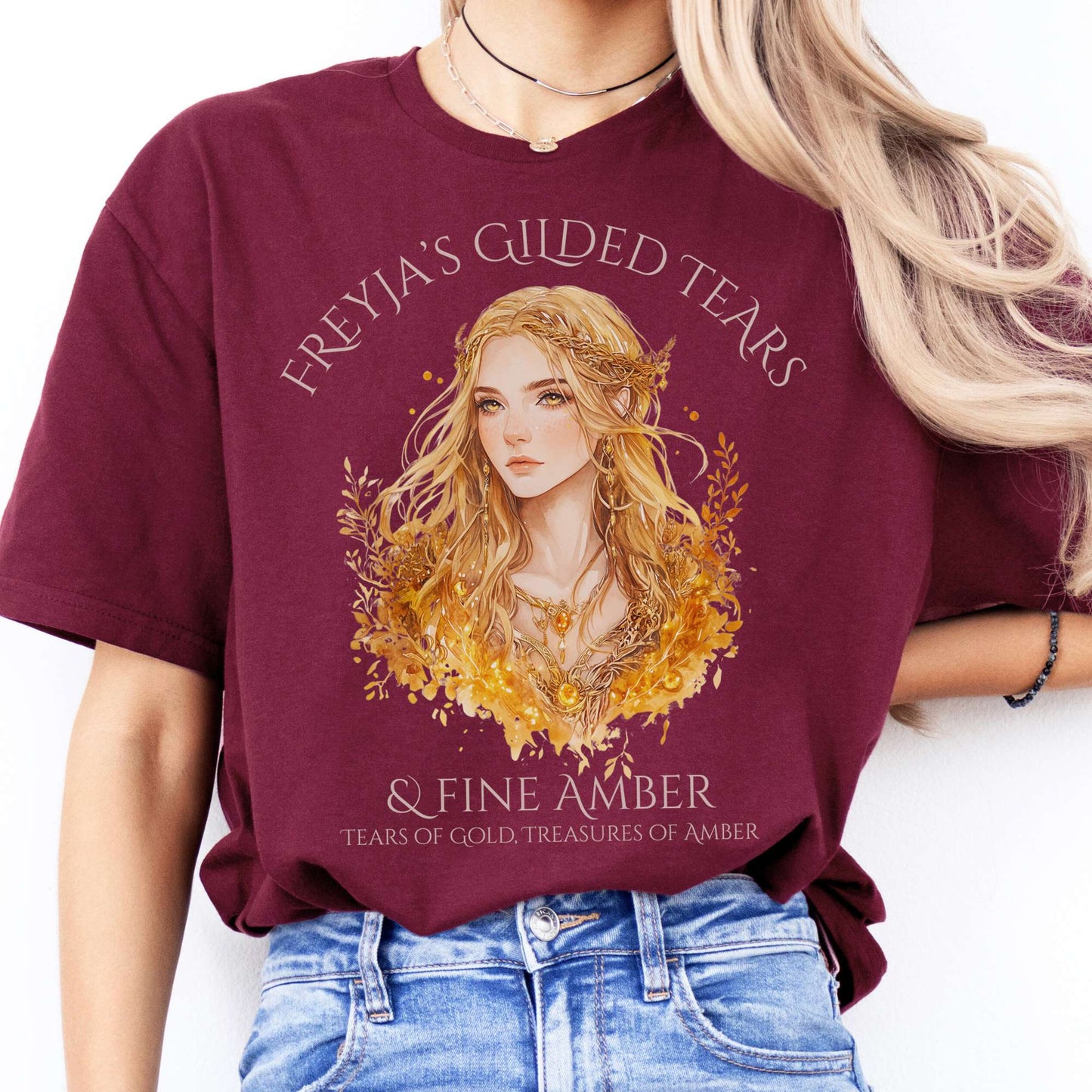 T-Shirts Freyja's Gilded Tears & Fine Amber Goddess T-Shirt The Mystic Eden