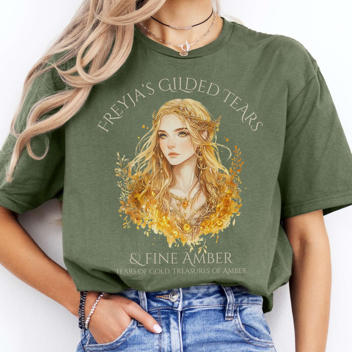 T-Shirts Freyja's Gilded Tears & Fine Amber Goddess T-Shirt The Mystic Eden