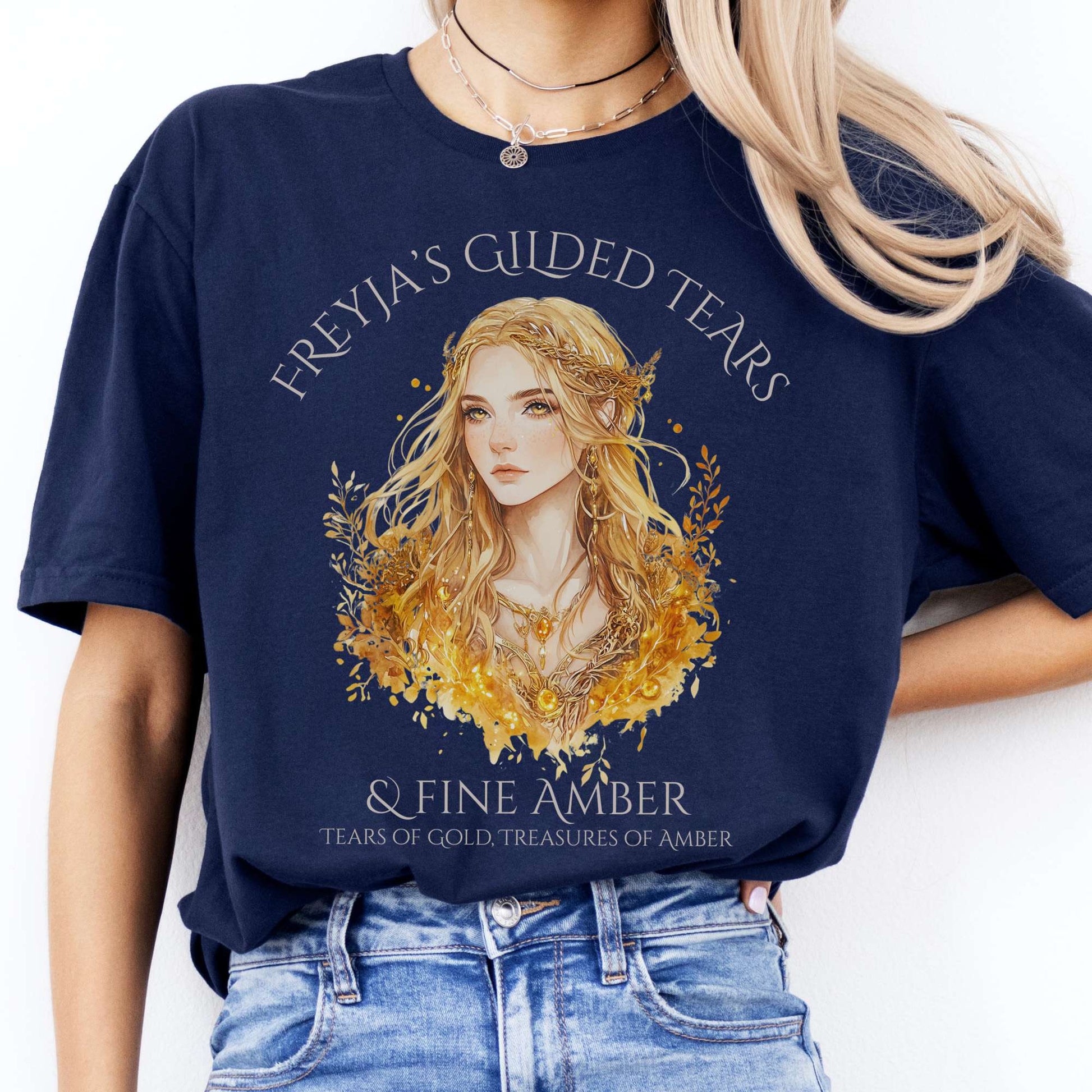 T-Shirts Freyja's Gilded Tears & Fine Amber Goddess T-Shirt The Mystic Eden