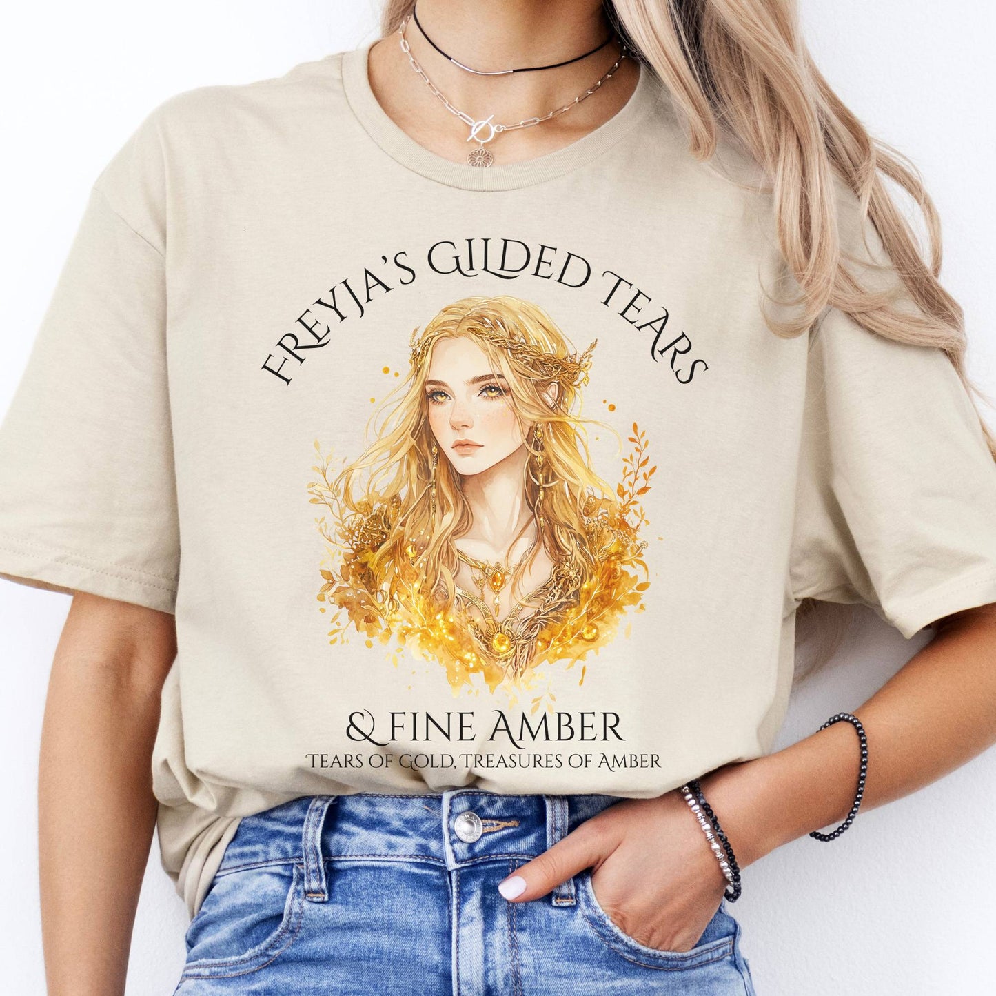 T-Shirts Freyja's Gilded Tears & Fine Amber Goddess T-Shirt The Mystic Eden