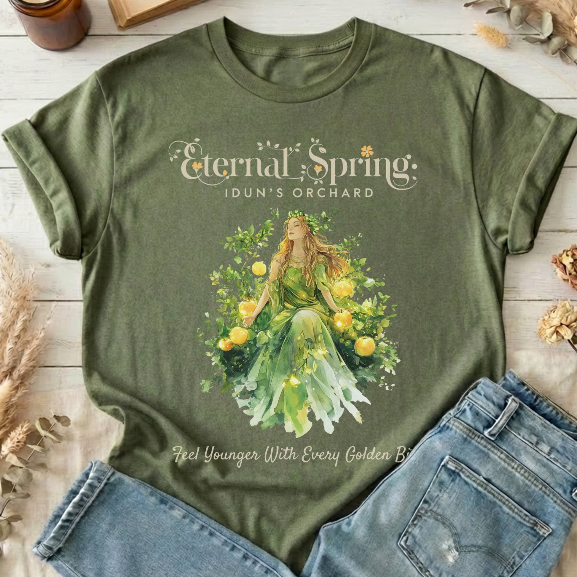 T-Shirt Military Green / S Eternal Spring Idun's Orchard Norse Goddess T-Shirt The Mystic Eden