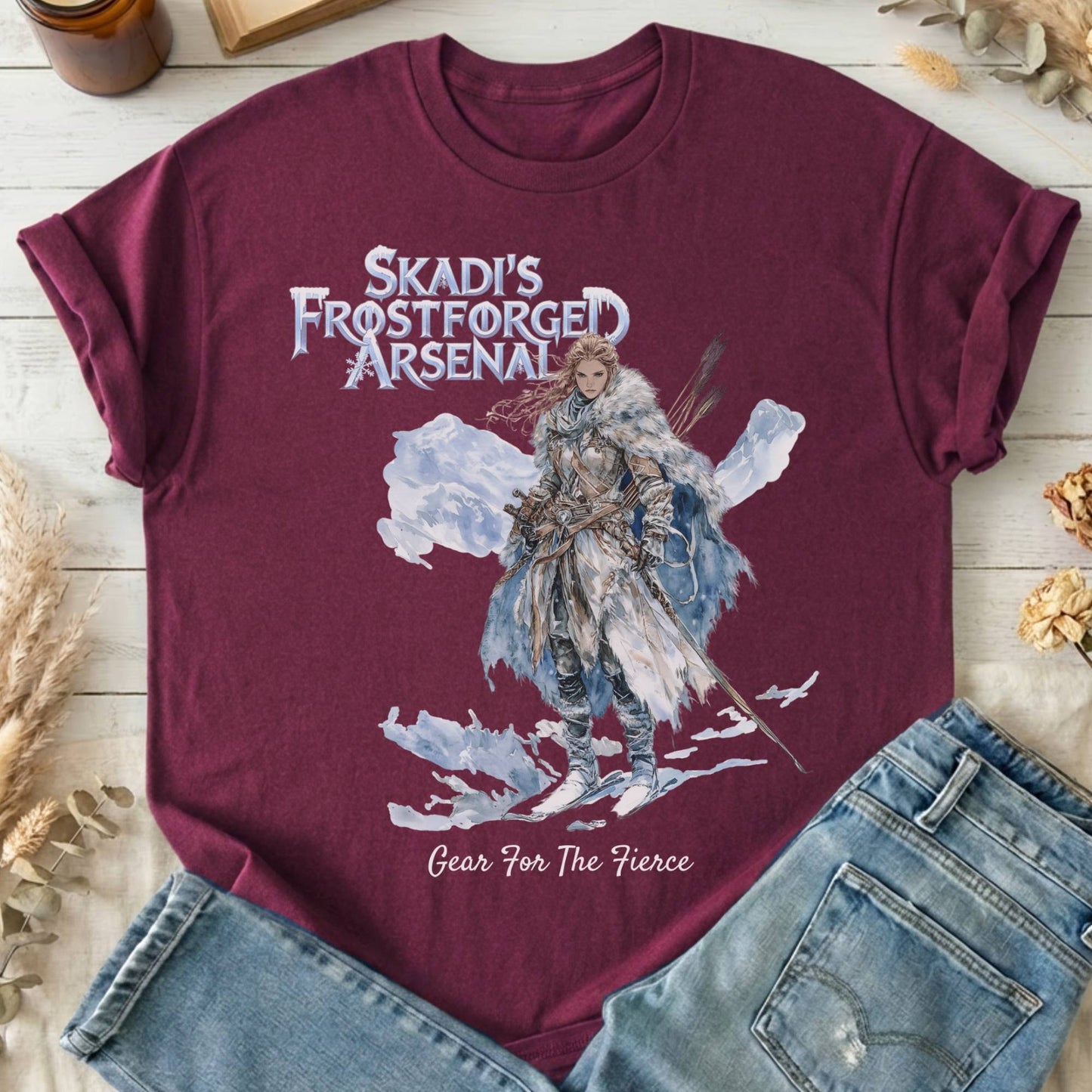 T-Shirt Maroon / S Skadi's Frostforged Arsenal Norse Mythology T-Shirt The Mystic Eden