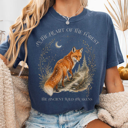 T-Shirt Denim / S In the Heart of the Forest The Ancient Wild Awakens Fox T-Shirt The Mystic Eden