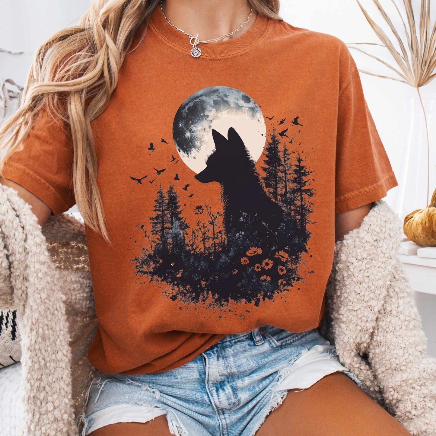 Black Silhouette Moonlit Fox Shirt