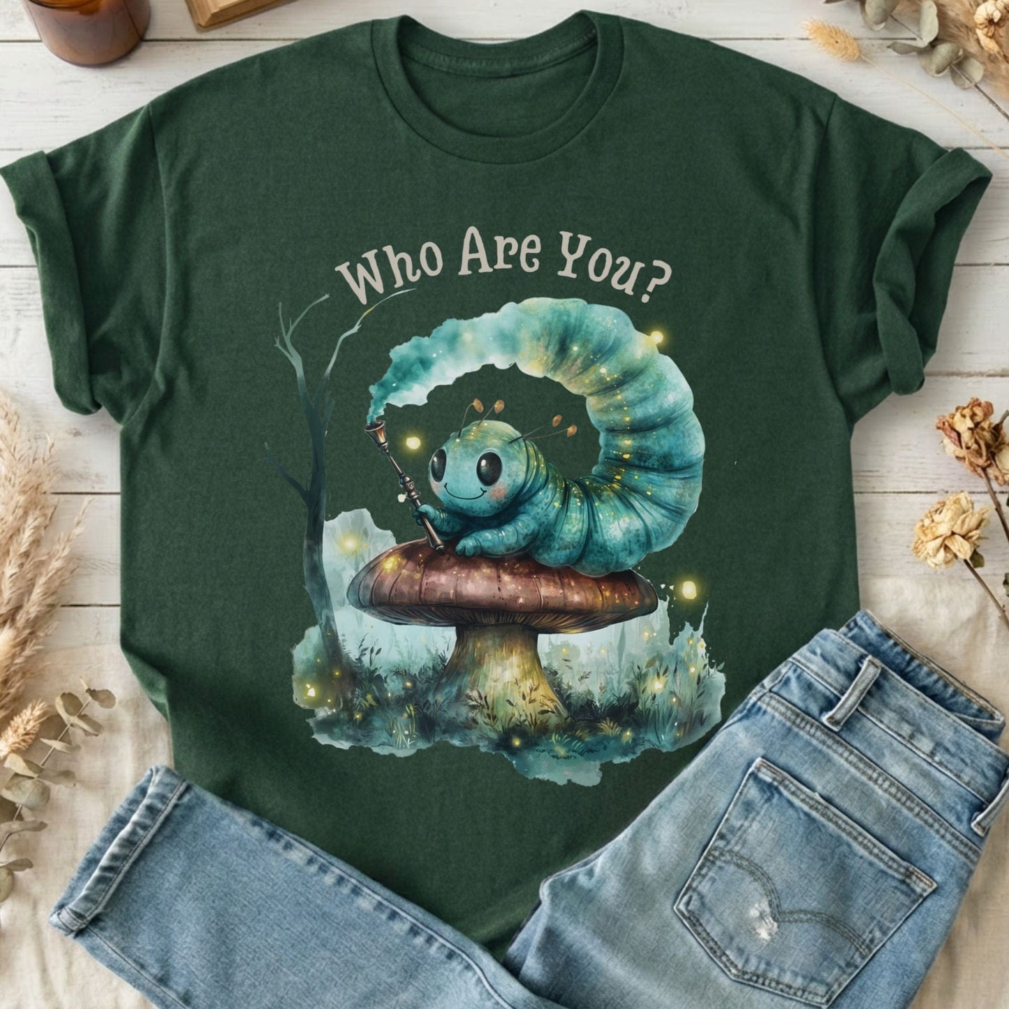 T-Shirt Forest Green / S Who Are You Caterpillar Shirt Alice T-Shirt The Mystic Eden