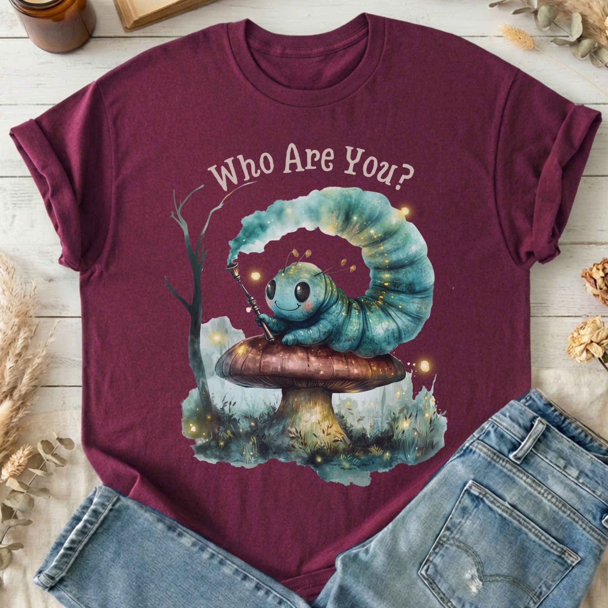 T-Shirt Maroon / S Who Are You Caterpillar Shirt Alice T-Shirt The Mystic Eden