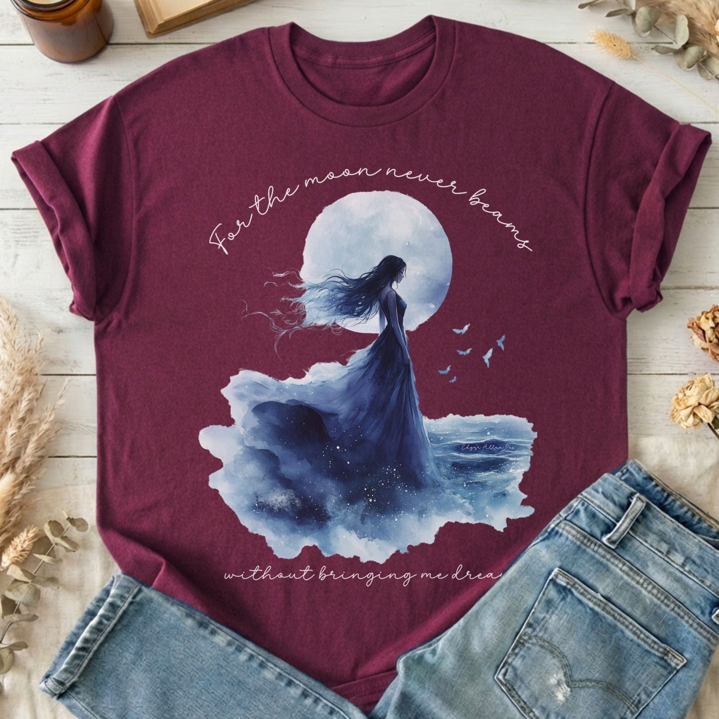 T-Shirts Maroon / S For The Moon Never Beams Annabel Lee Poe T-Shirt The Mystic Eden