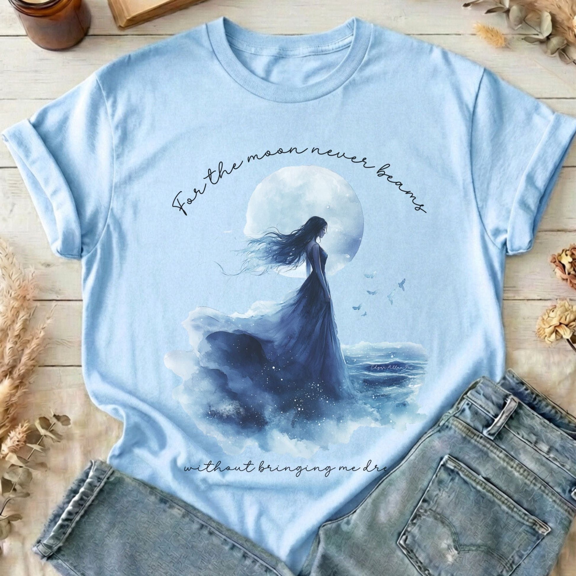 T-Shirts Light Blue / S For The Moon Never Beams Annabel Lee Poe T-Shirt The Mystic Eden