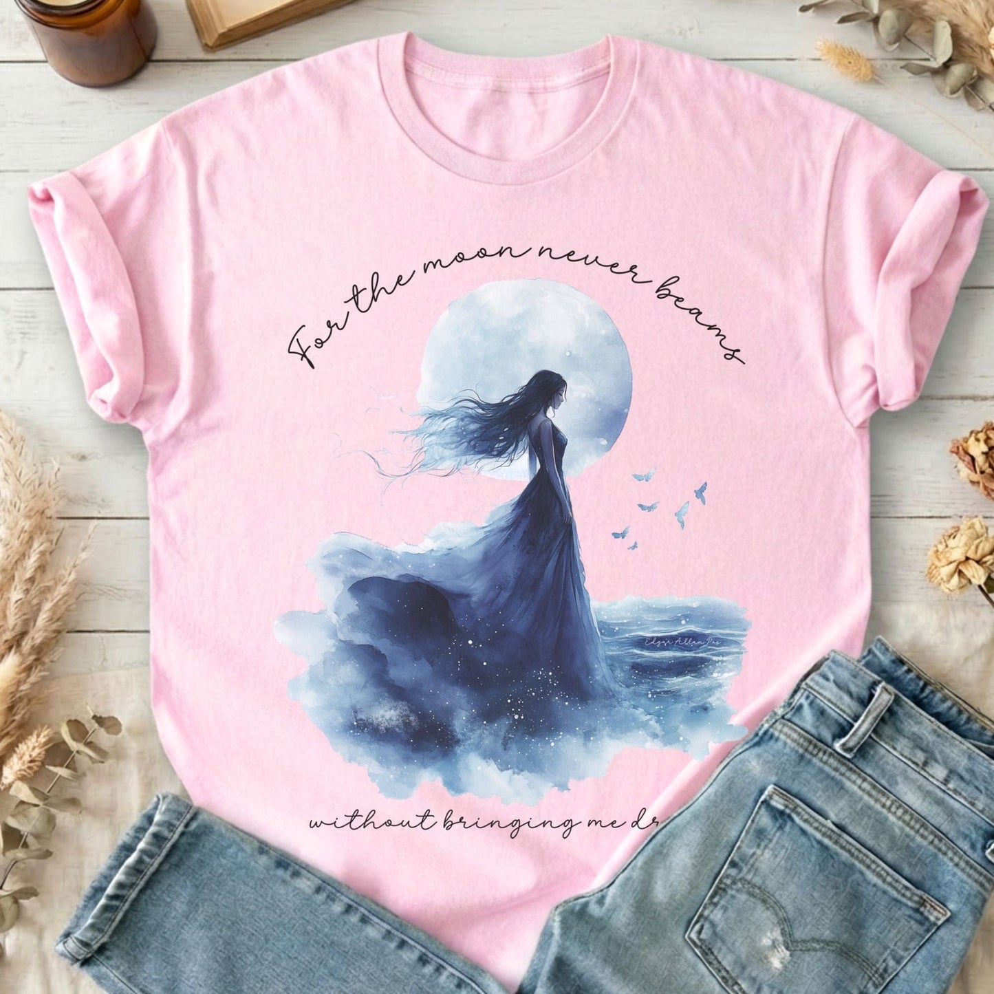 T-Shirts Light Pink / S For The Moon Never Beams Annabel Lee Poe T-Shirt The Mystic Eden